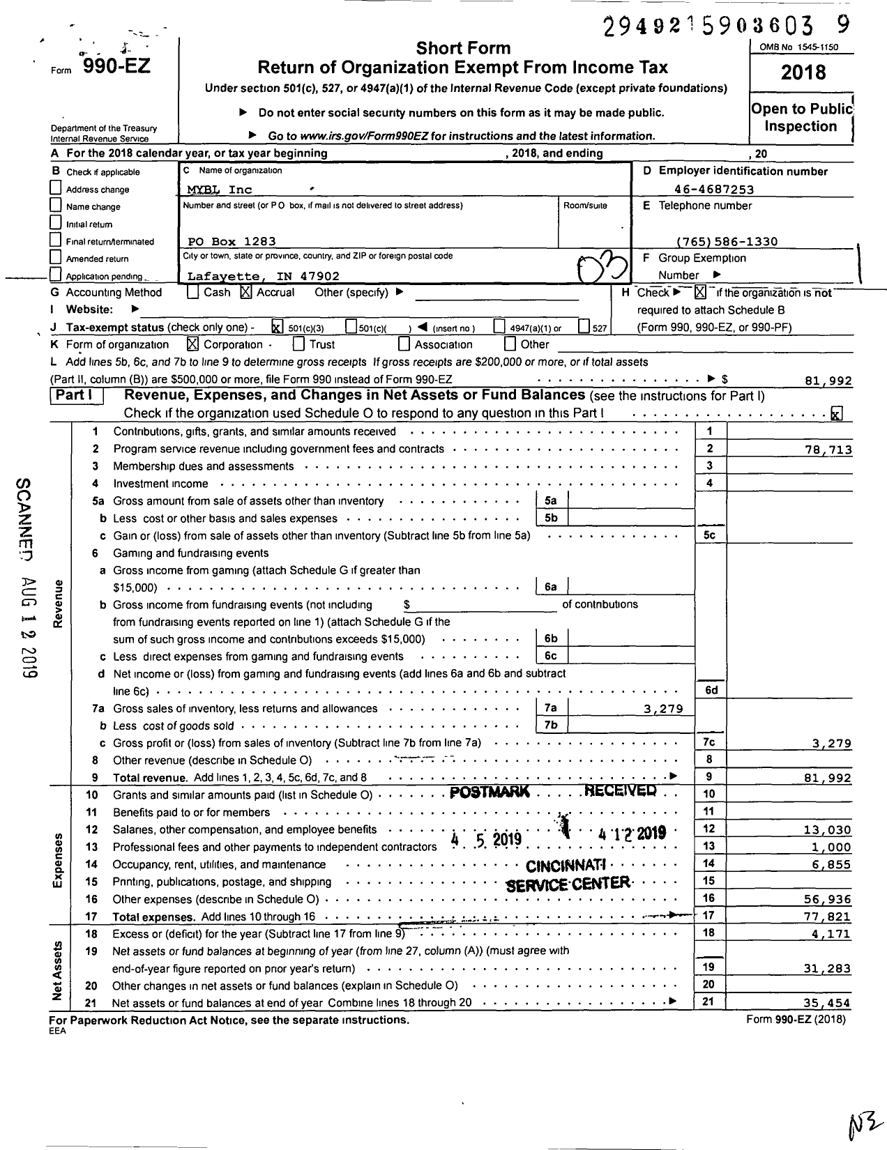 Image of first page of 2018 Form 990EZ for Mybl