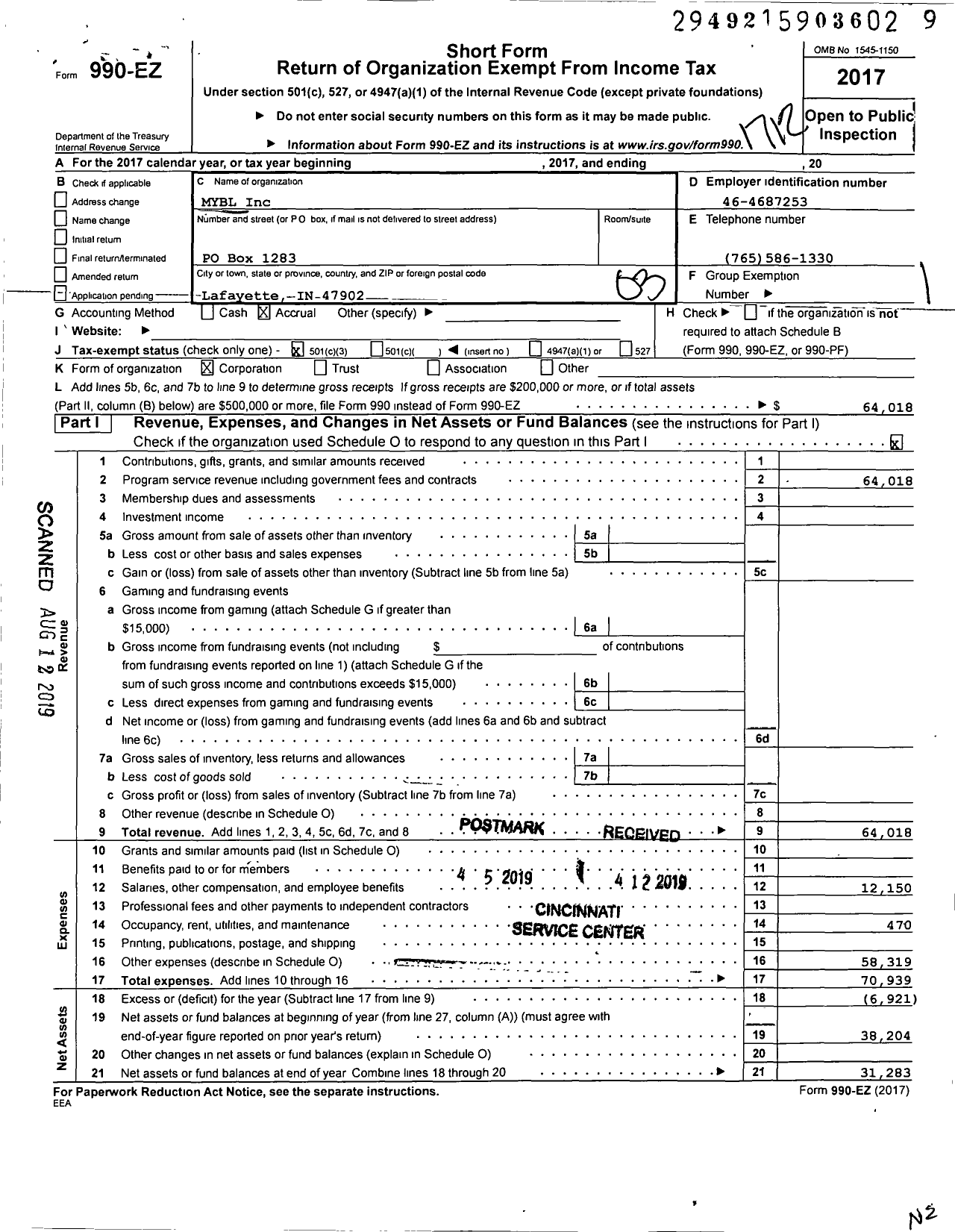 Image of first page of 2017 Form 990EZ for Mybl