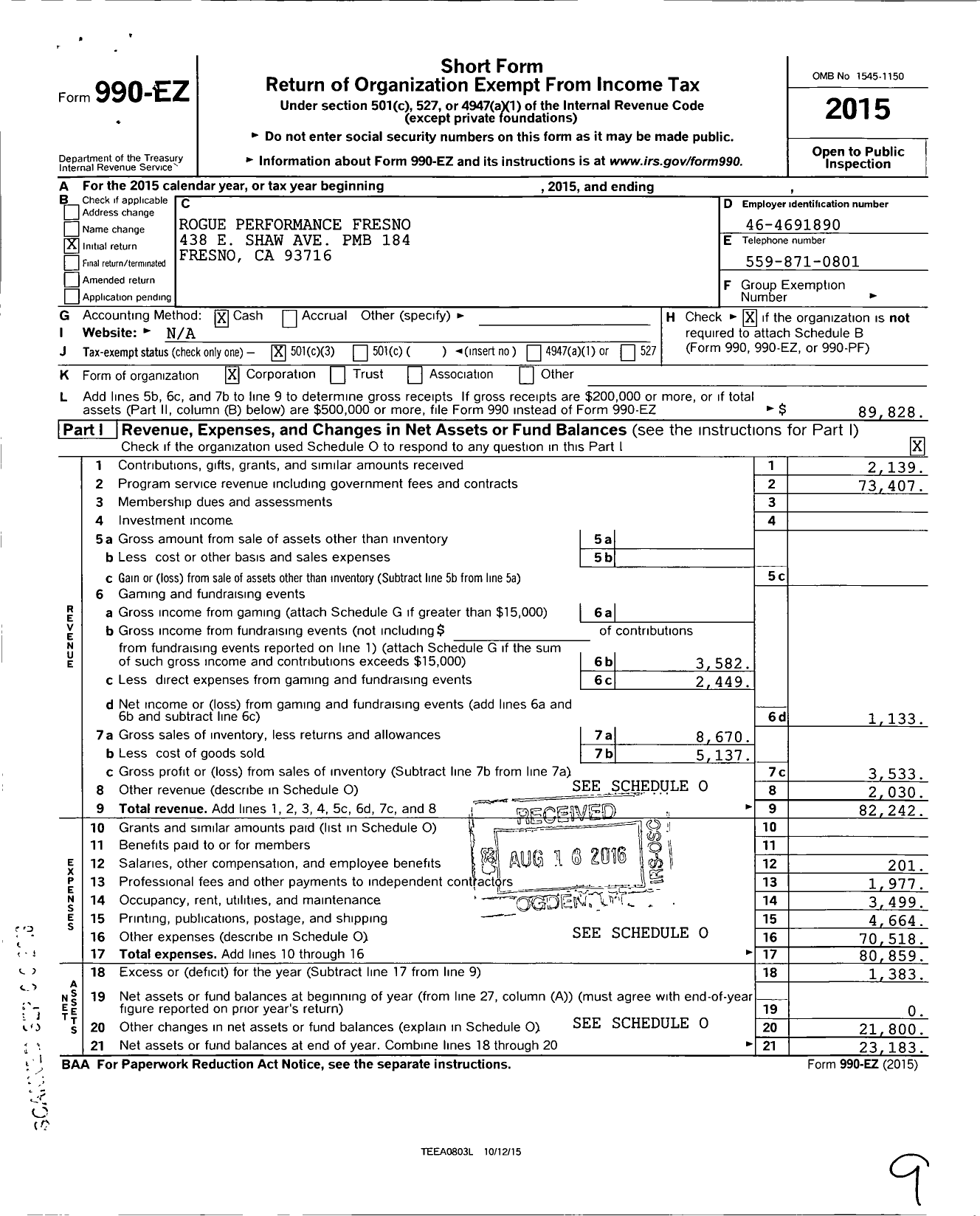 Image of first page of 2015 Form 990EZ for Rogue Performance Fresno