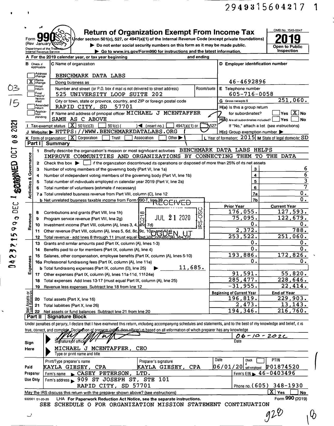 Image of first page of 2019 Form 990 for Benchmark Data Labs