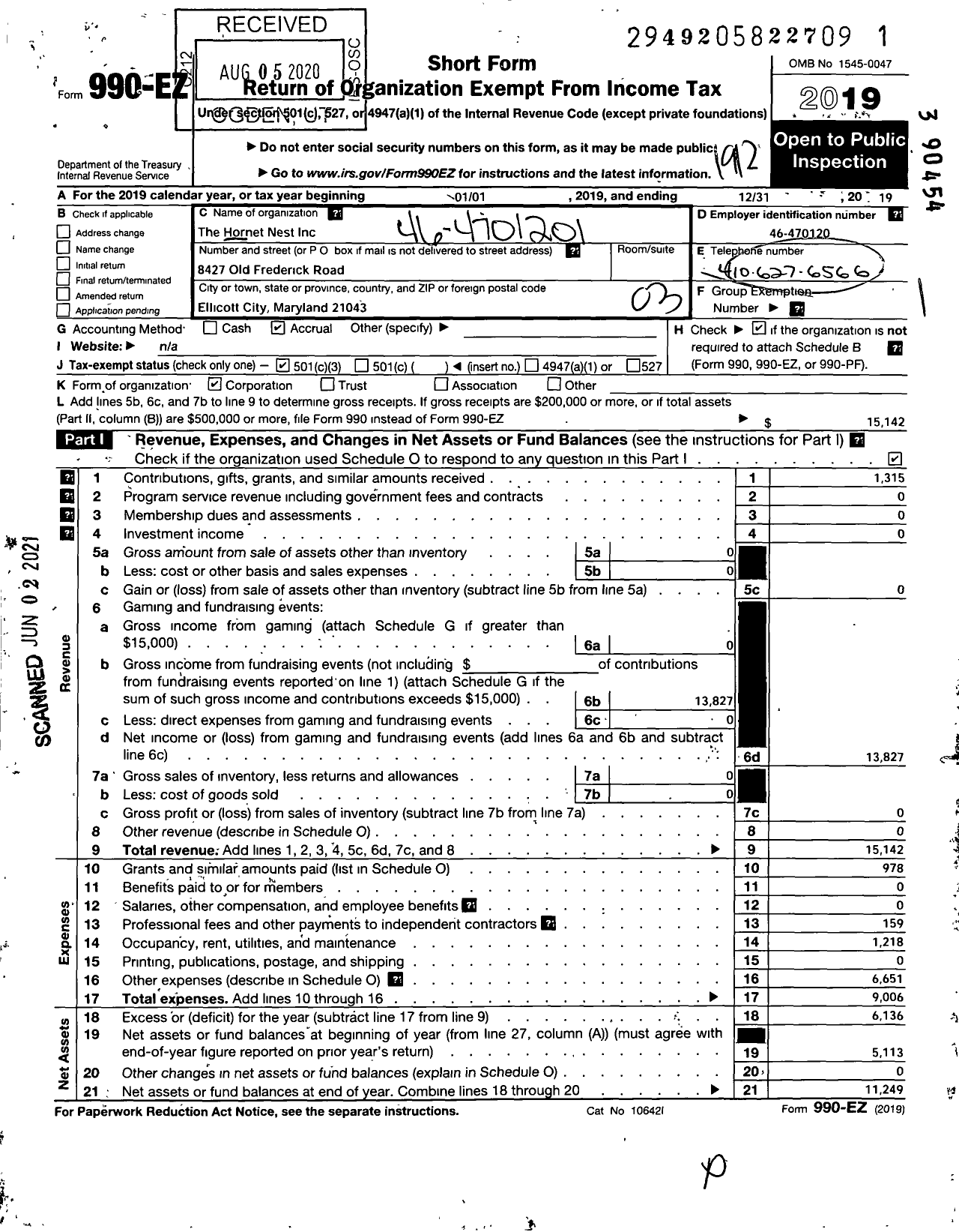 Image of first page of 2019 Form 990EZ for The Hornets Nest