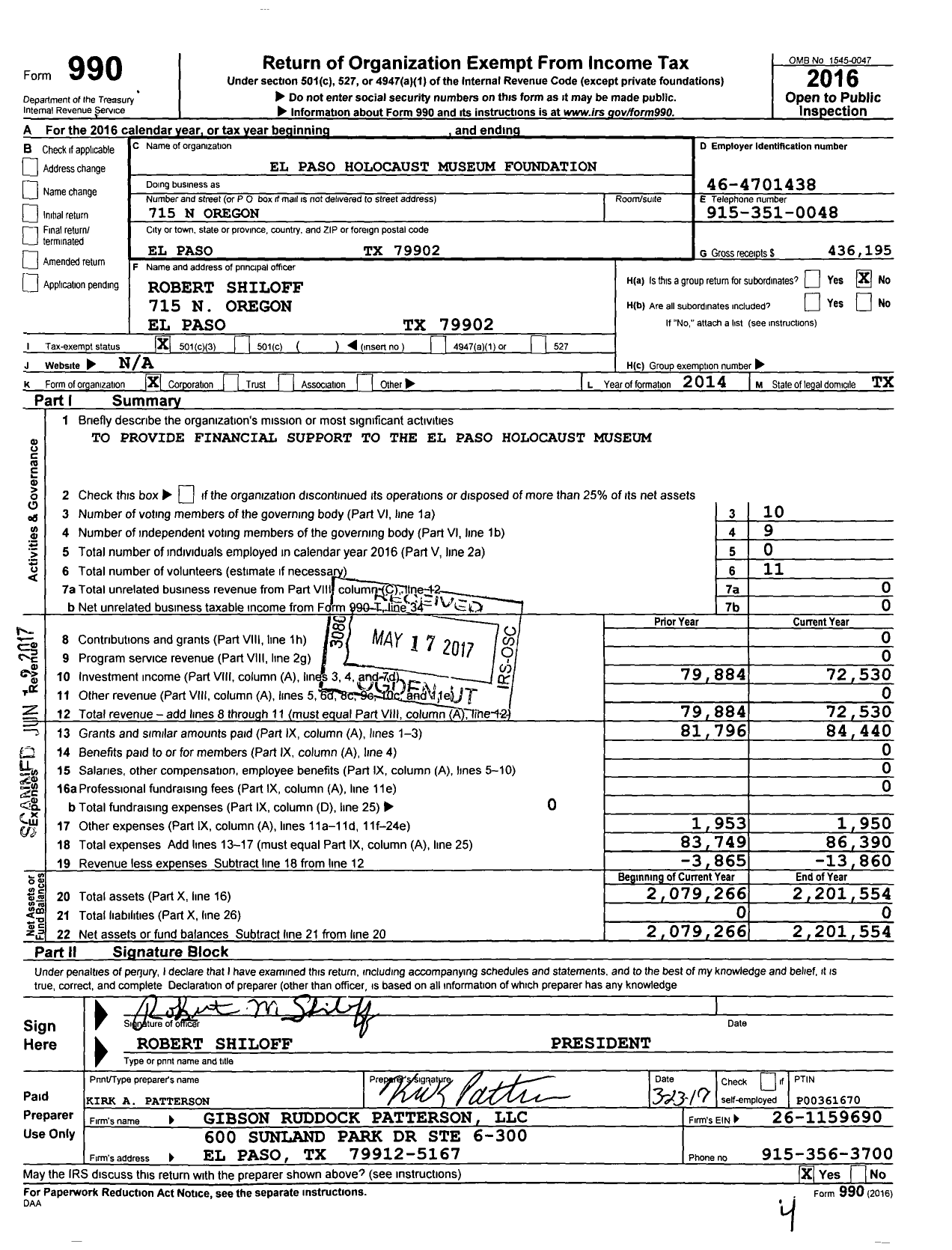 Image of first page of 2016 Form 990 for El Paso Holocaust Museum Foundation