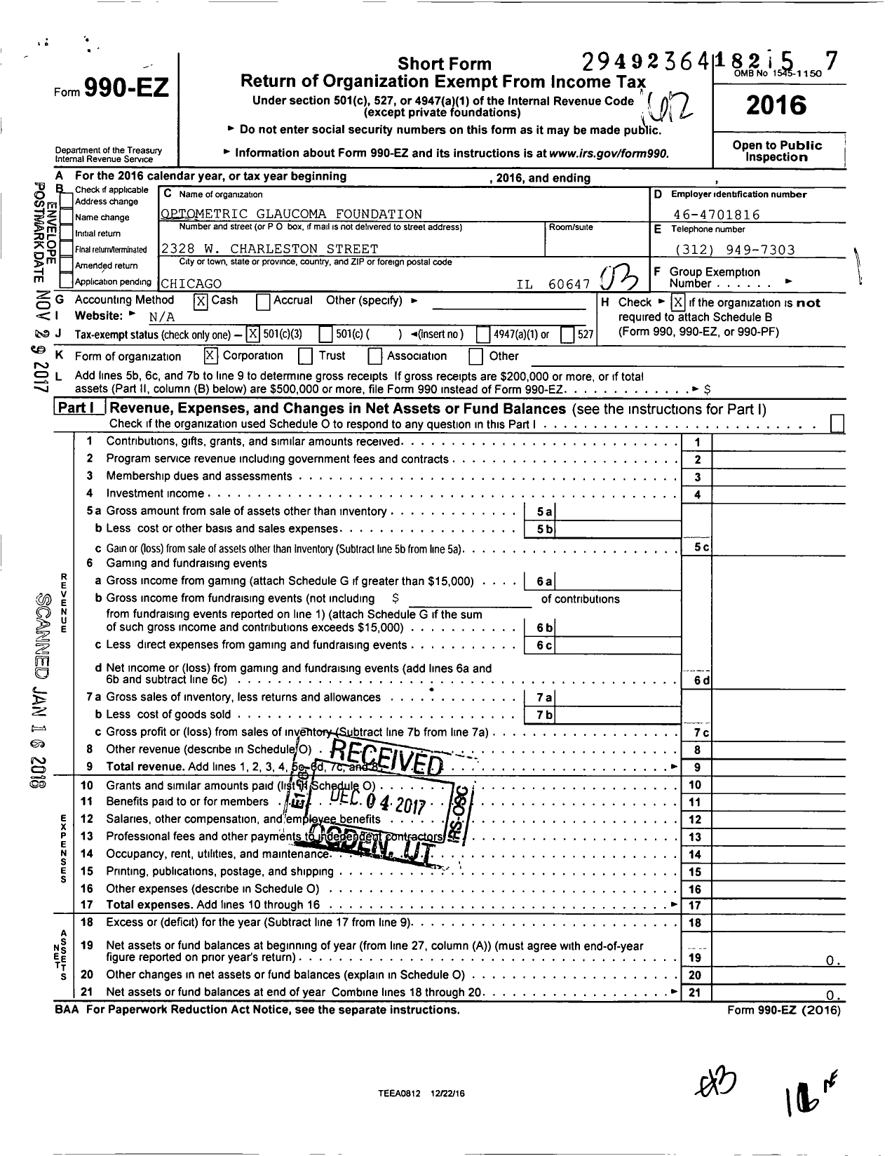 Image of first page of 2016 Form 990EZ for Optometric Glaucoma Foundation