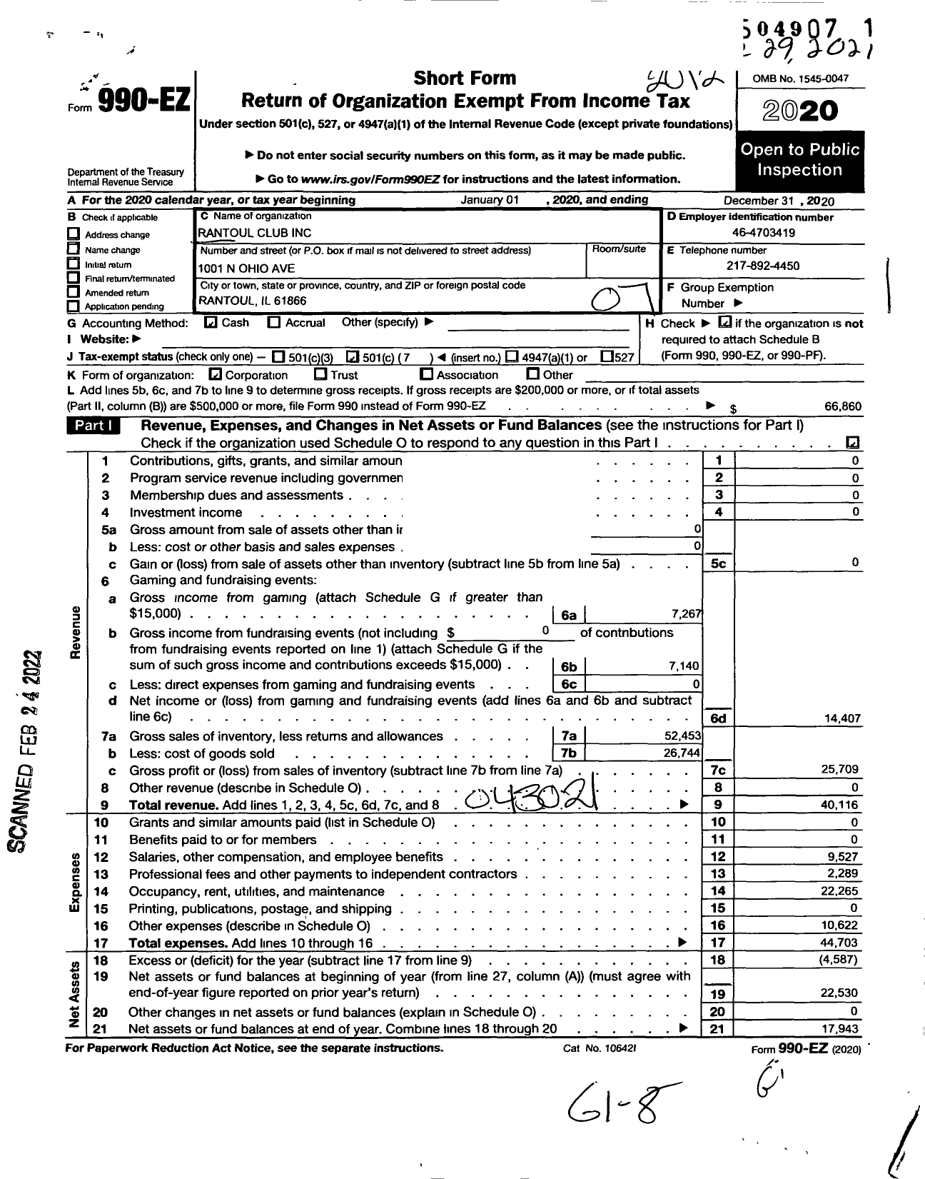 Image of first page of 2020 Form 990EO for Rantoul Club