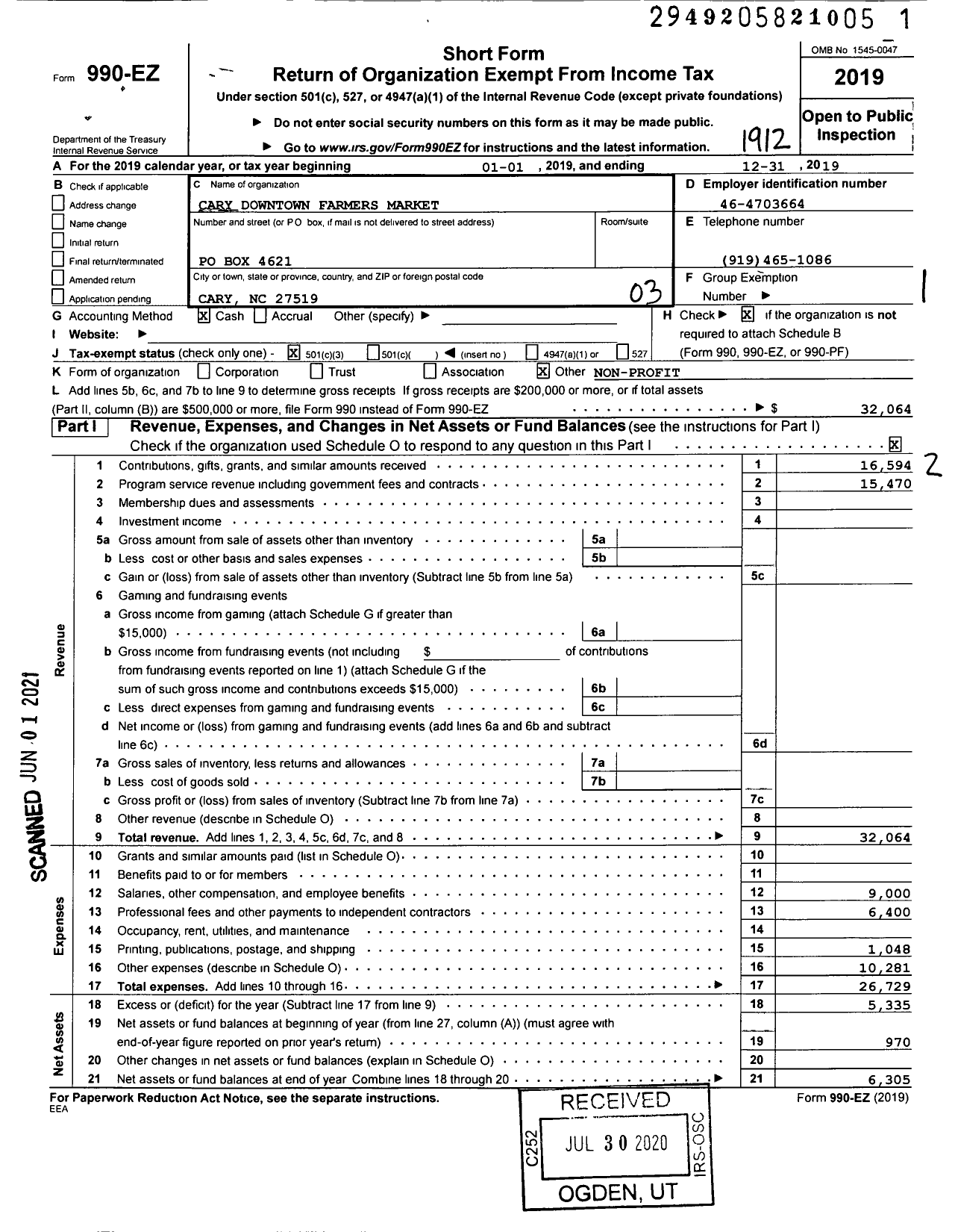 Image of first page of 2019 Form 990EZ for Cary Downtown Farmers Market