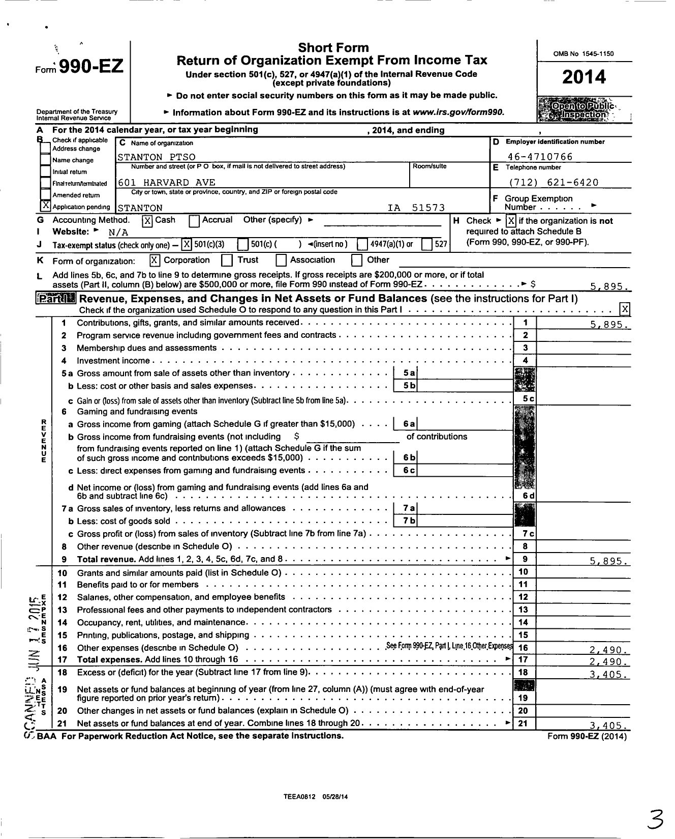 Image of first page of 2014 Form 990EZ for Stanton Ptso