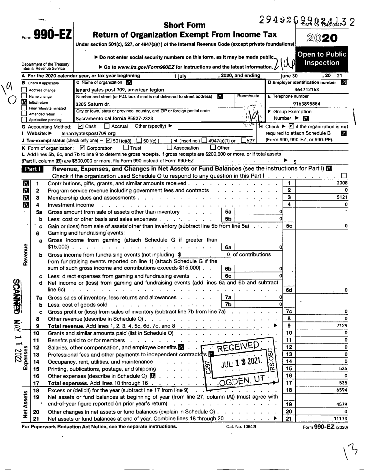 Image of first page of 2020 Form 990EO for American Legion - 709 Lenard Yates Post