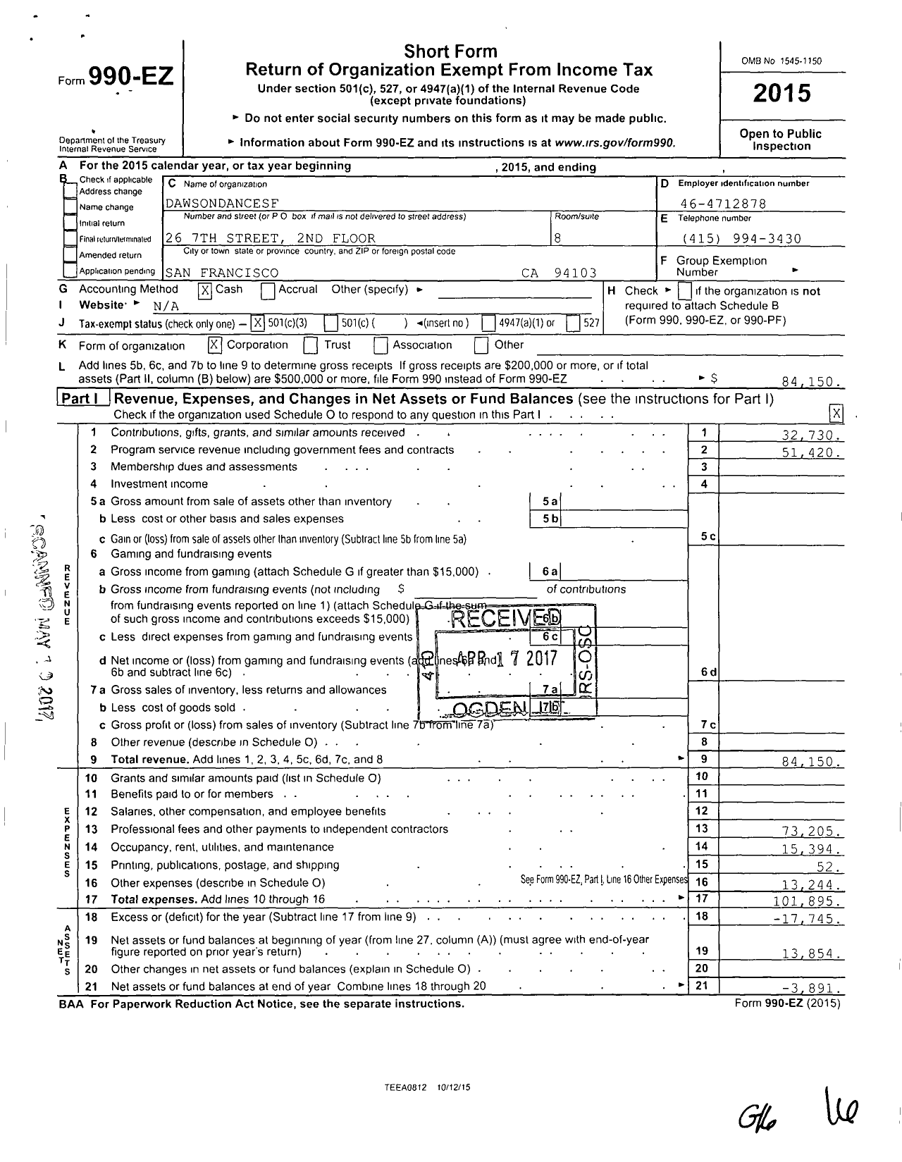 Image of first page of 2015 Form 990EZ for Dawsondancesf