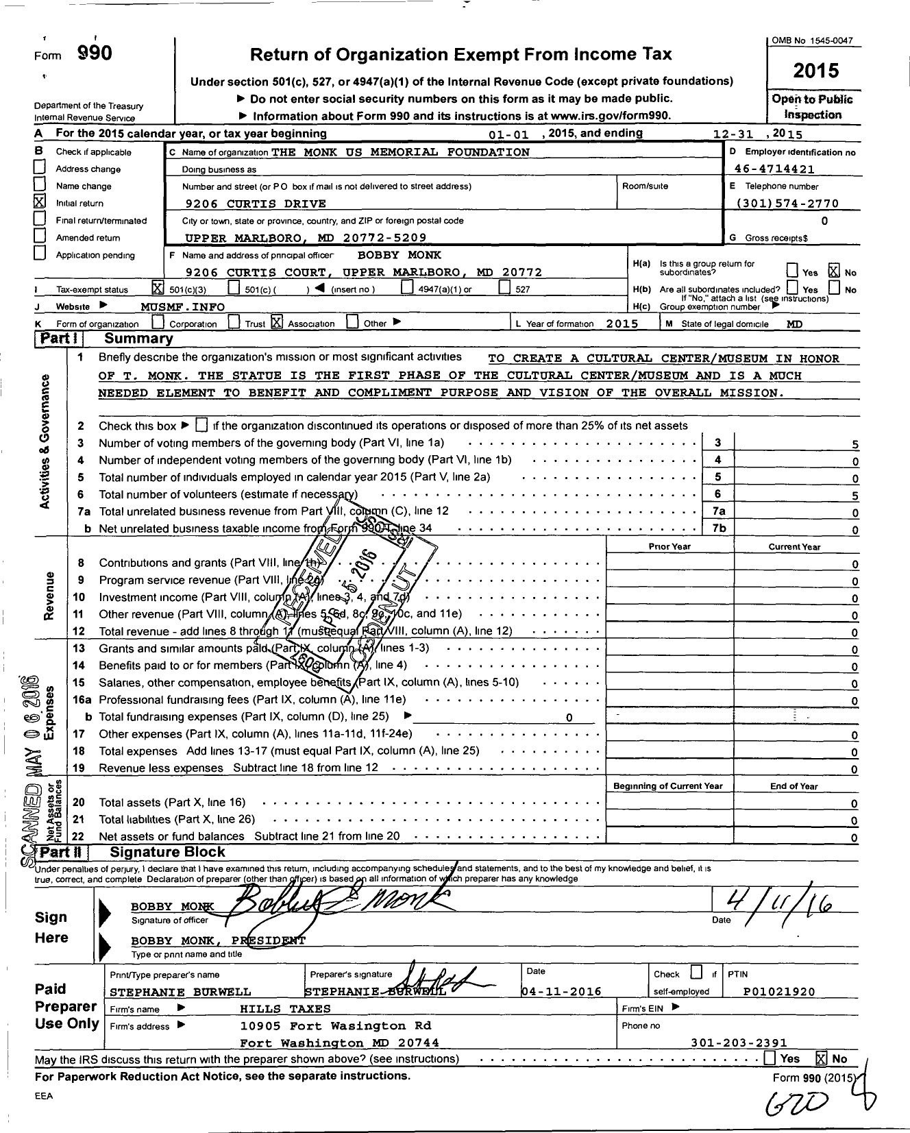 Image of first page of 2015 Form 990 for The Monk Us Memorial Foundation
