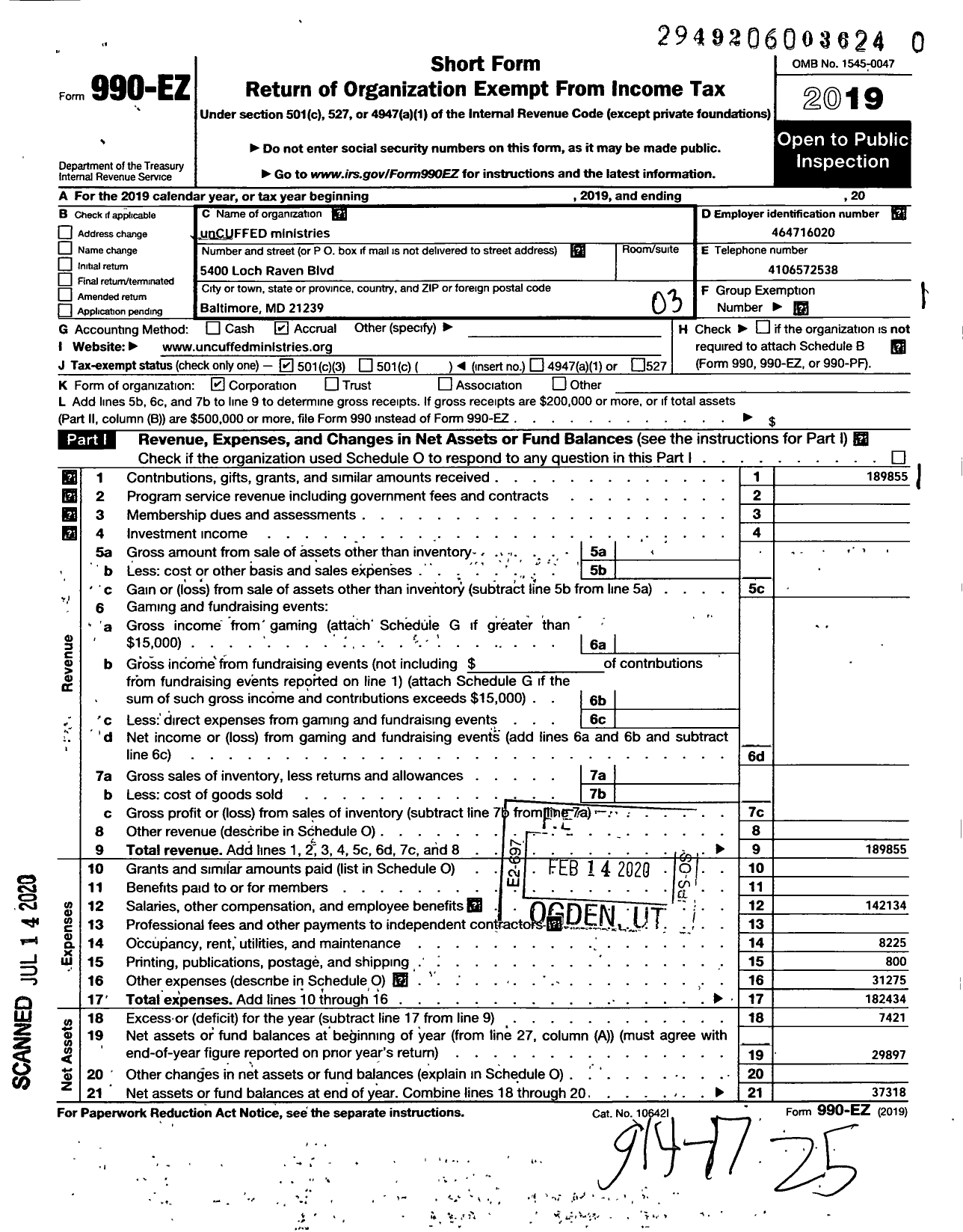 Image of first page of 2019 Form 990EZ for Uncuffed Ministries