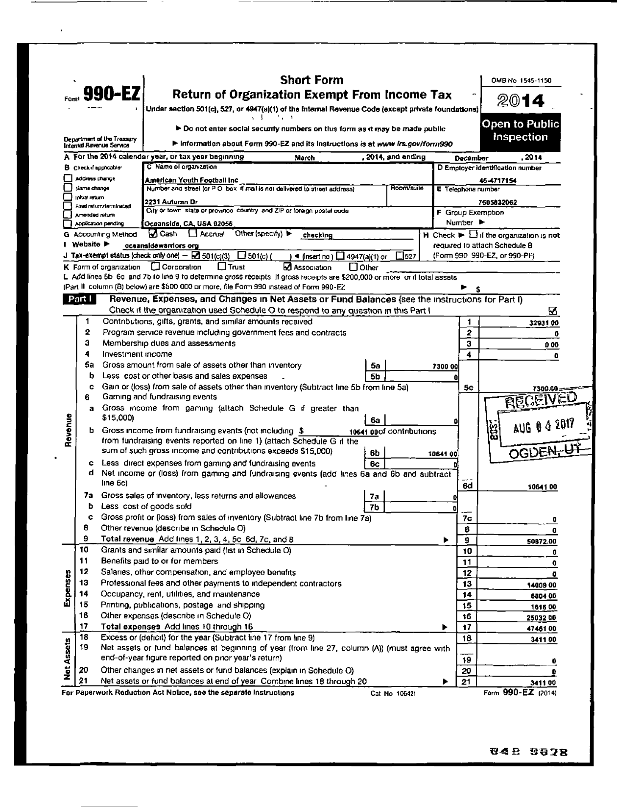 Image of first page of 2014 Form 990ER for American Youth Football - Oceanside Warriors Athletic Associa