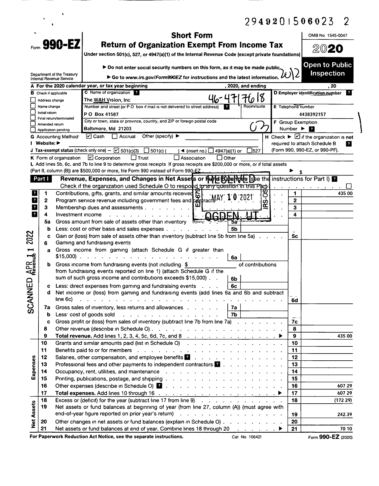 Image of first page of 2020 Form 990EZ for Wah Vision