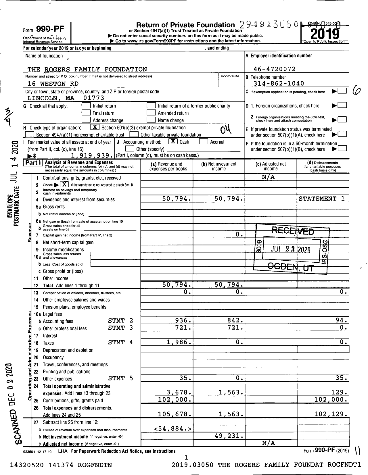 Image of first page of 2019 Form 990PF for The Rogers Family Foundation