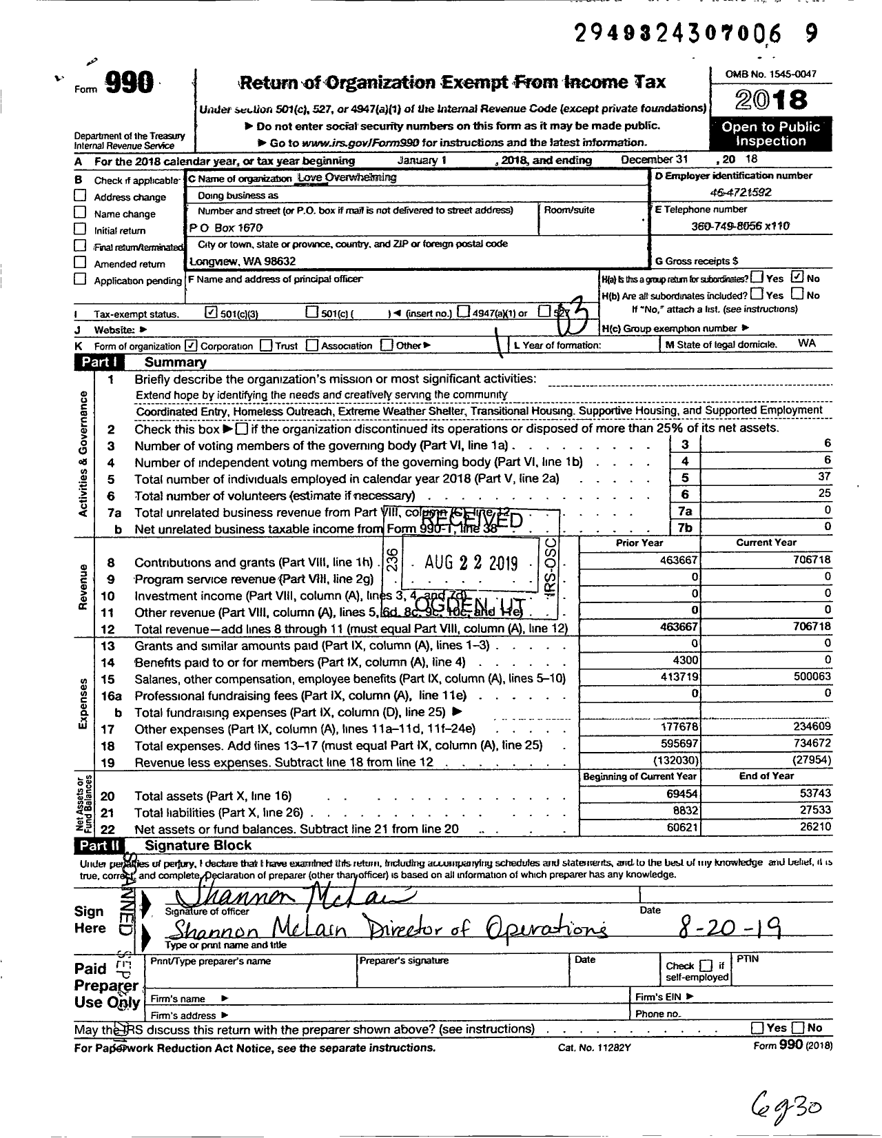 Image of first page of 2018 Form 990 for Love Overwhelming