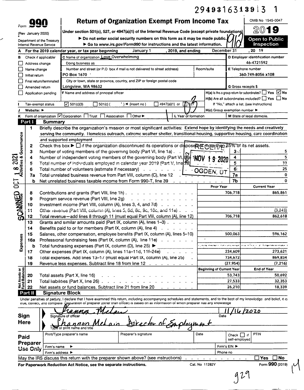 Image of first page of 2019 Form 990 for Love Overwhelming