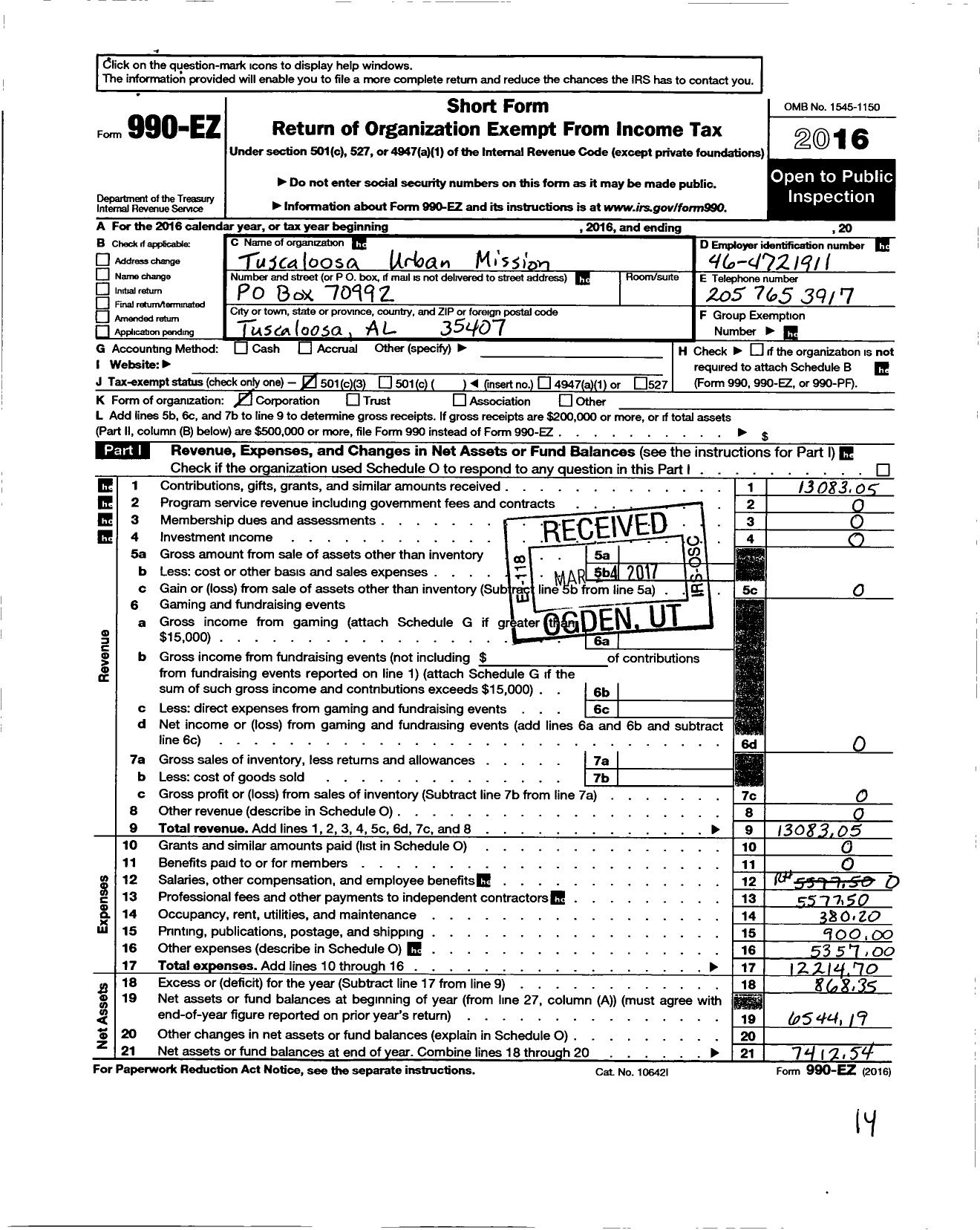 Image of first page of 2016 Form 990EZ for Tuscaloosa Urban Mission