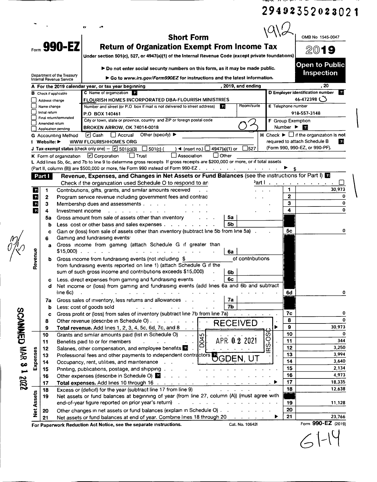 Image of first page of 2019 Form 990EZ for Flourish Ministries / Flourish Homes Incorporated