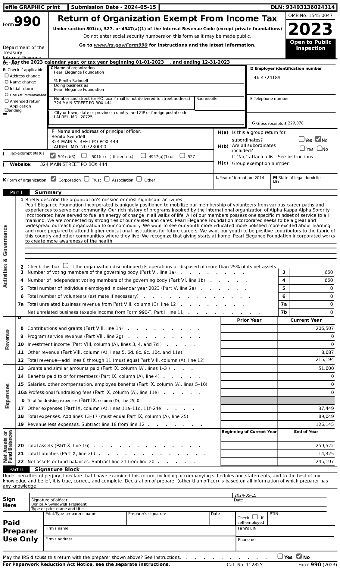 Image of first page of 2023 Form 990 for Pearl Elegance Foundation