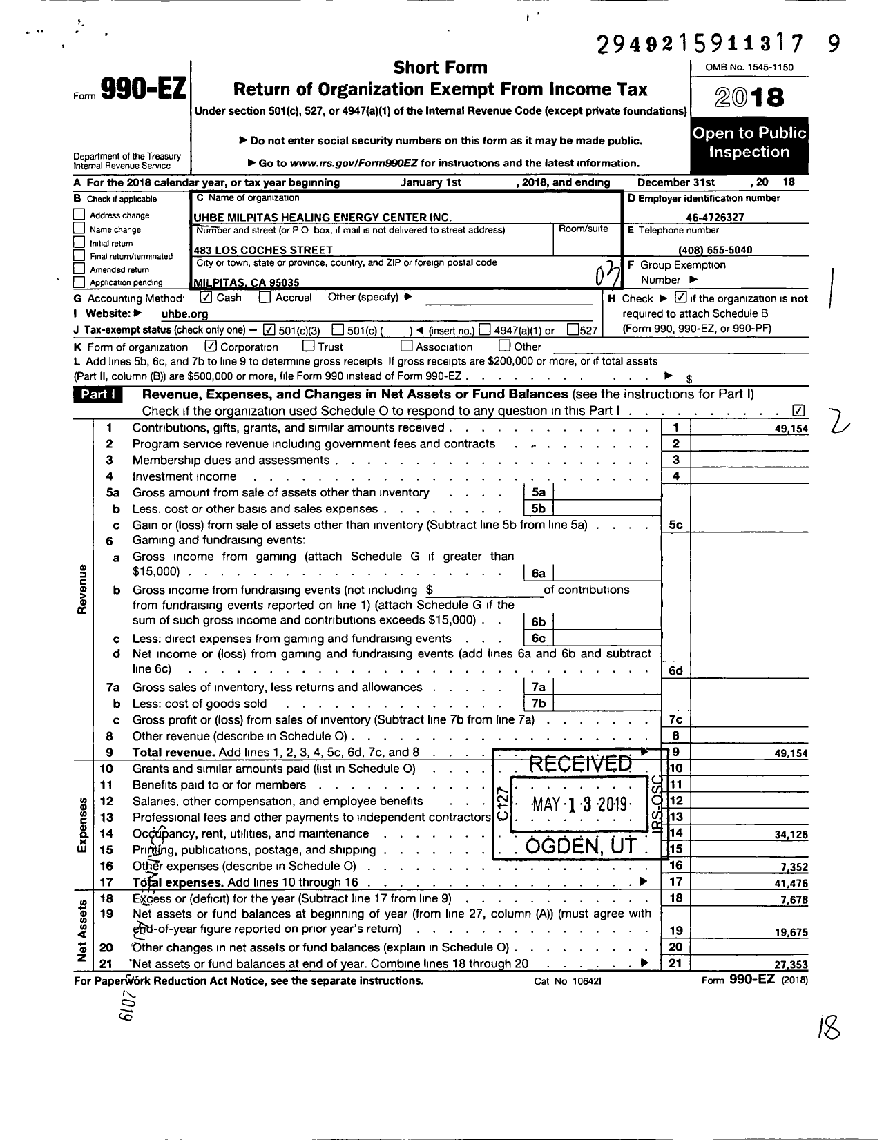 Image of first page of 2018 Form 990EZ for Uhbe Milpitas Healing Energy Center