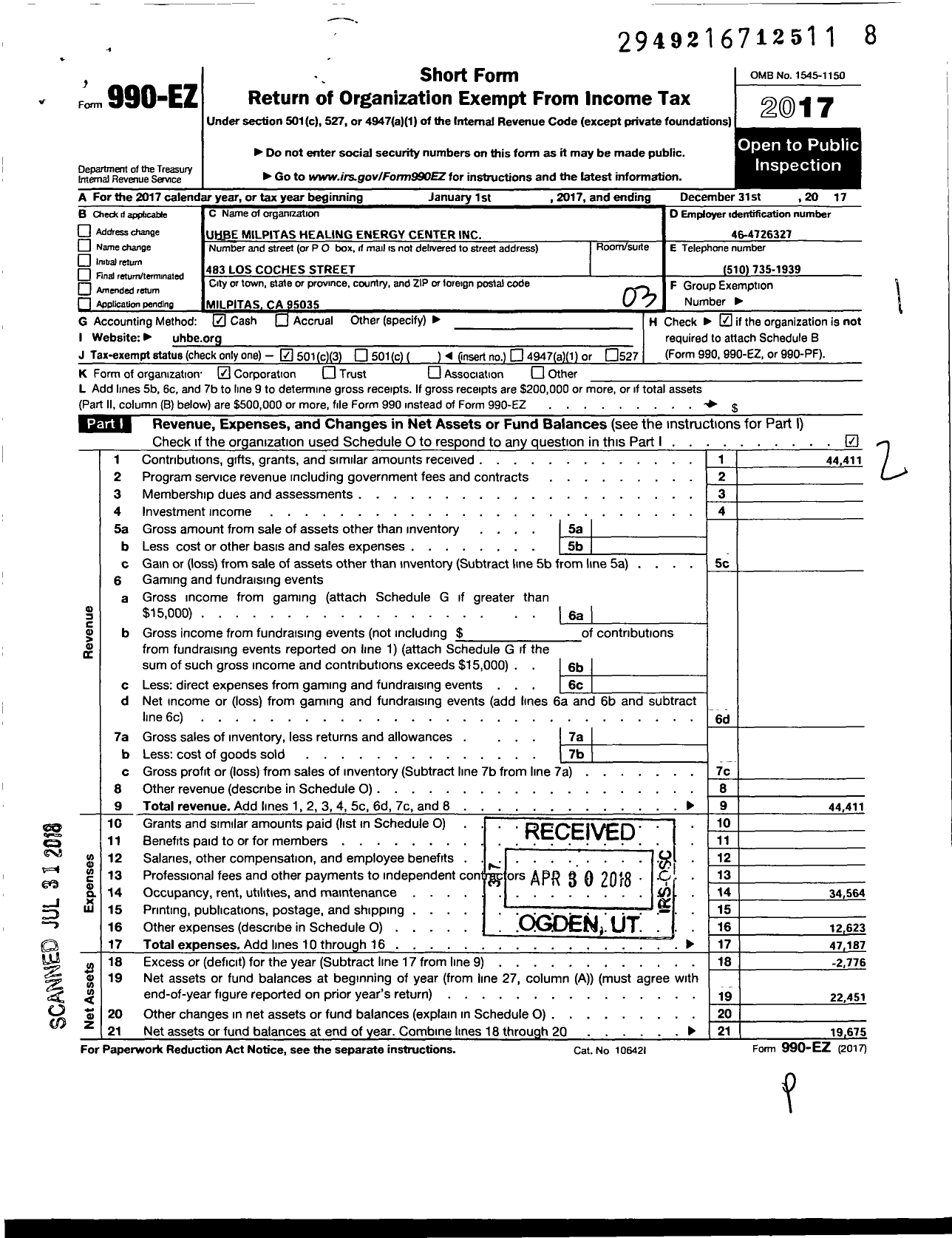 Image of first page of 2017 Form 990EZ for Uhbe Milpitas Healing Energy Center