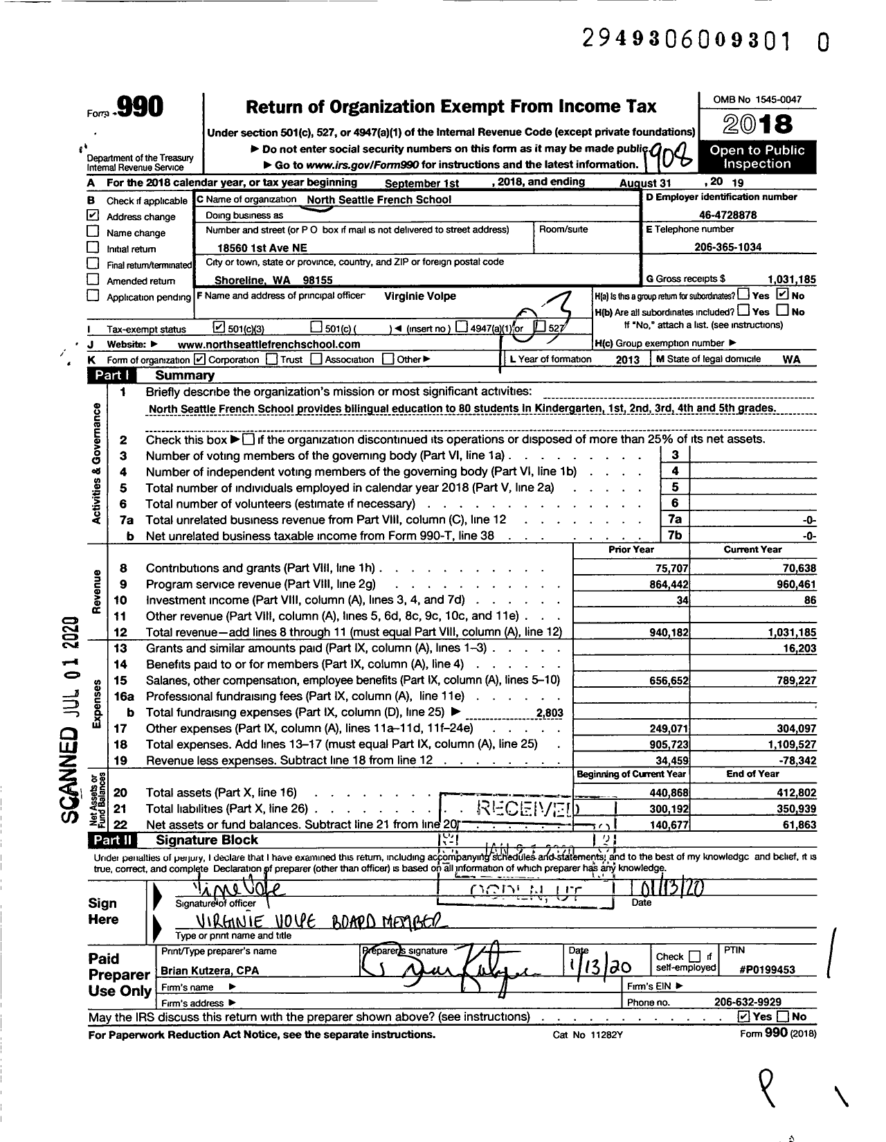 Image of first page of 2018 Form 990 for North Seattle French School