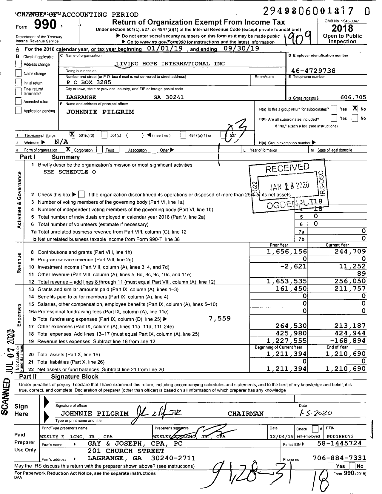 Image of first page of 2018 Form 990 for Living Hope International