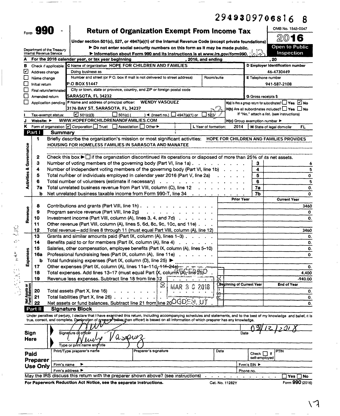 Image of first page of 2016 Form 990 for Hope for Children and Families