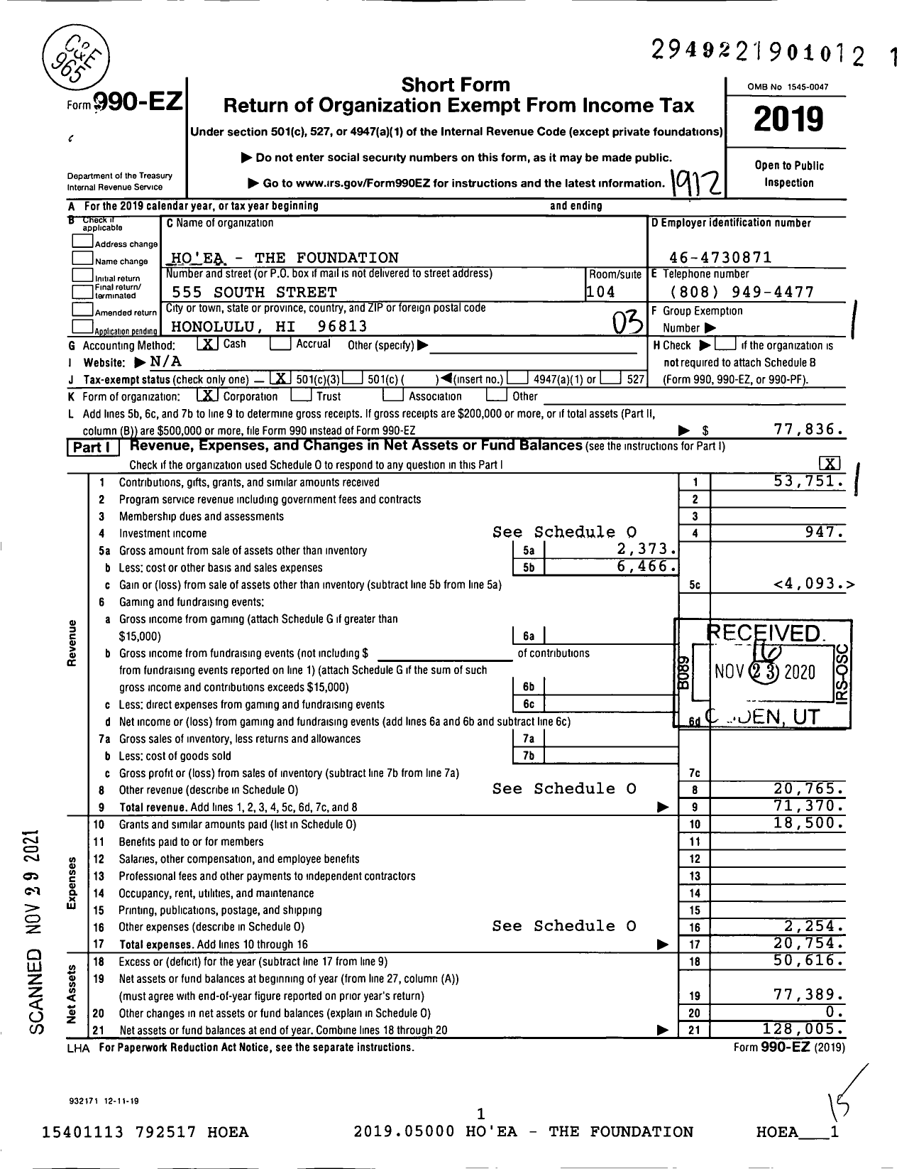 Image of first page of 2019 Form 990EZ for Ho'Ea - The Foundation