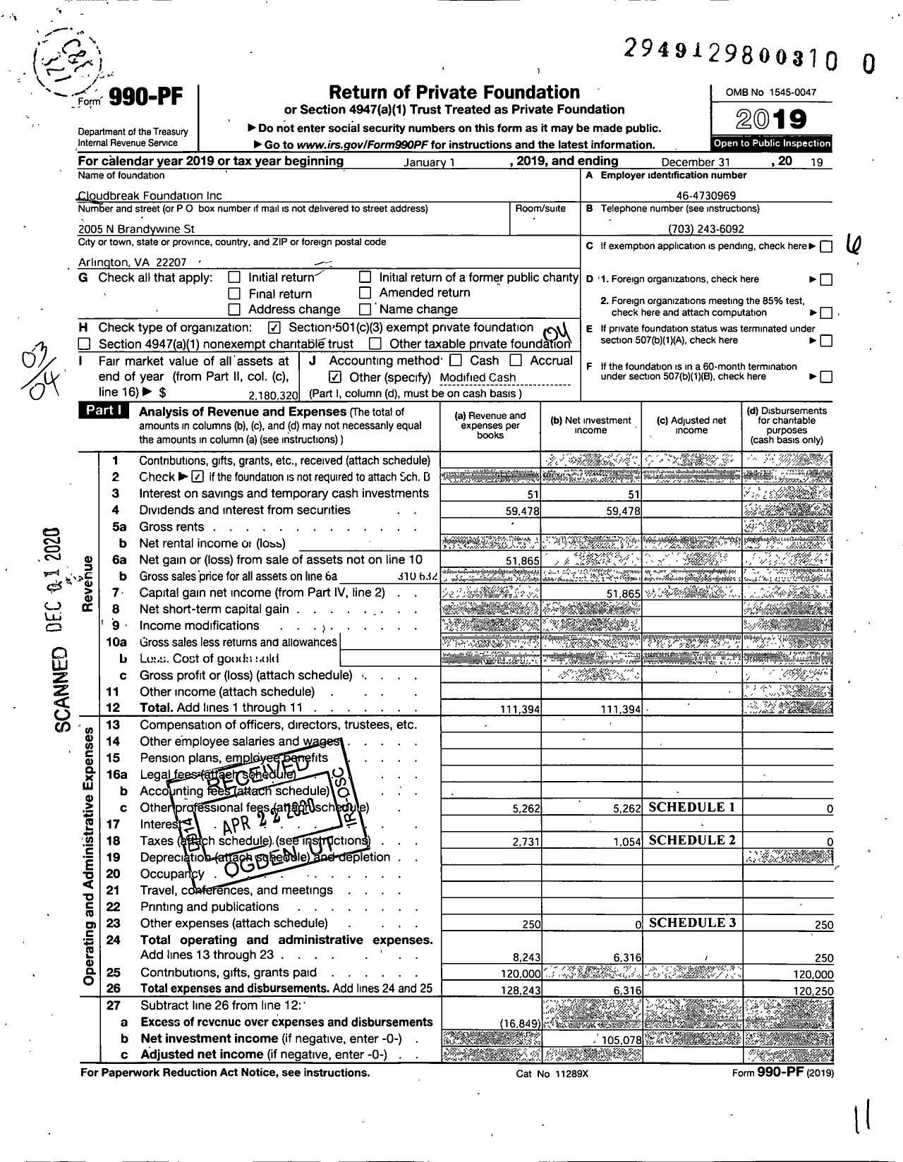 Image of first page of 2019 Form 990PF for Cloudbreak Foundation