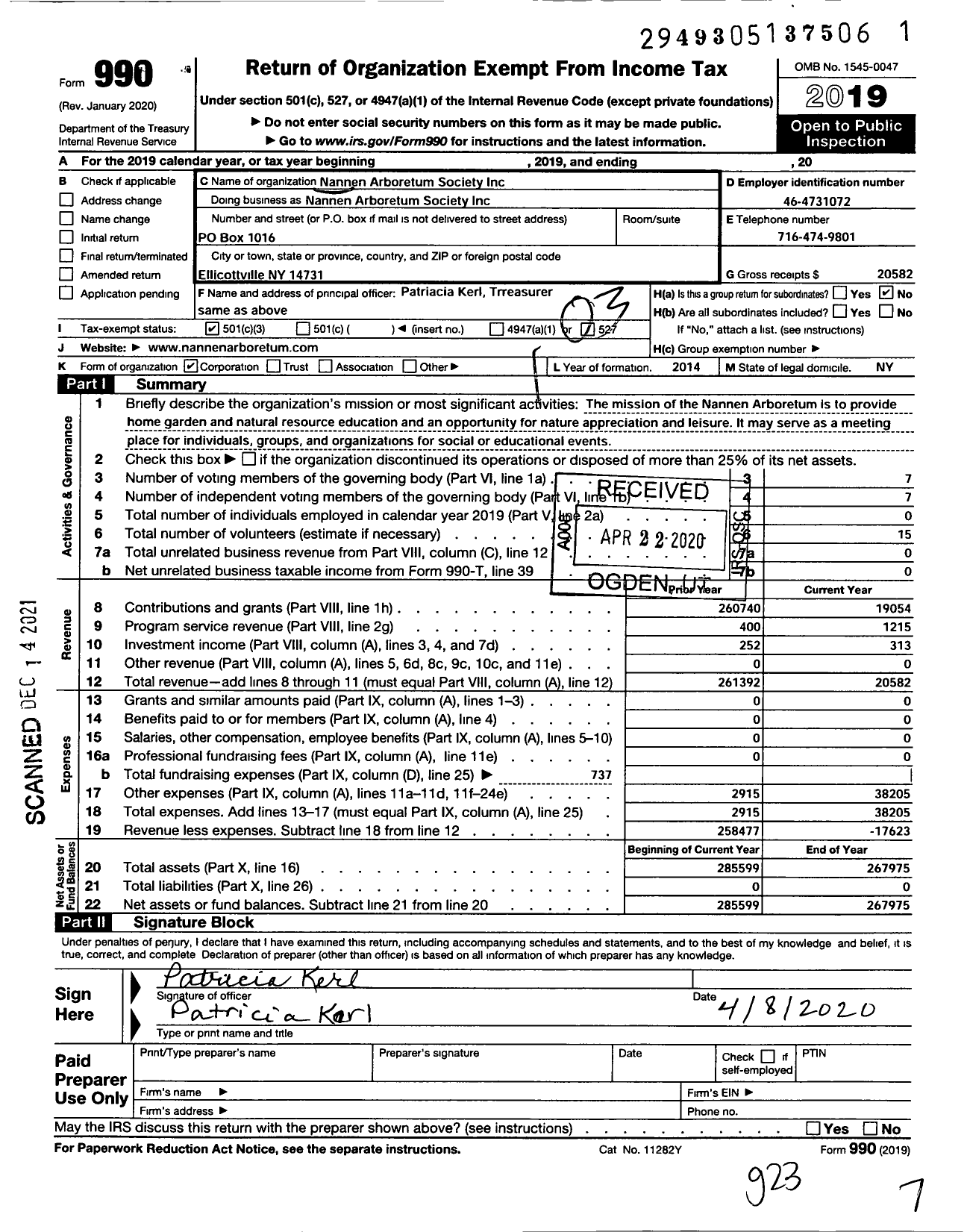 Image of first page of 2019 Form 990 for Nannen Arboretum Society