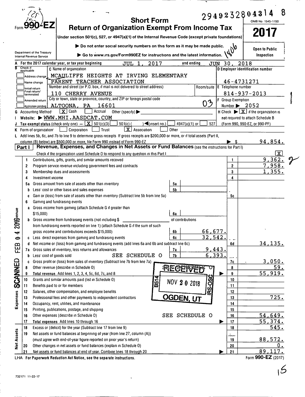 Image of first page of 2017 Form 990EZ for Mcauliffe Heights at Irving Elementary Parent Teacher Association