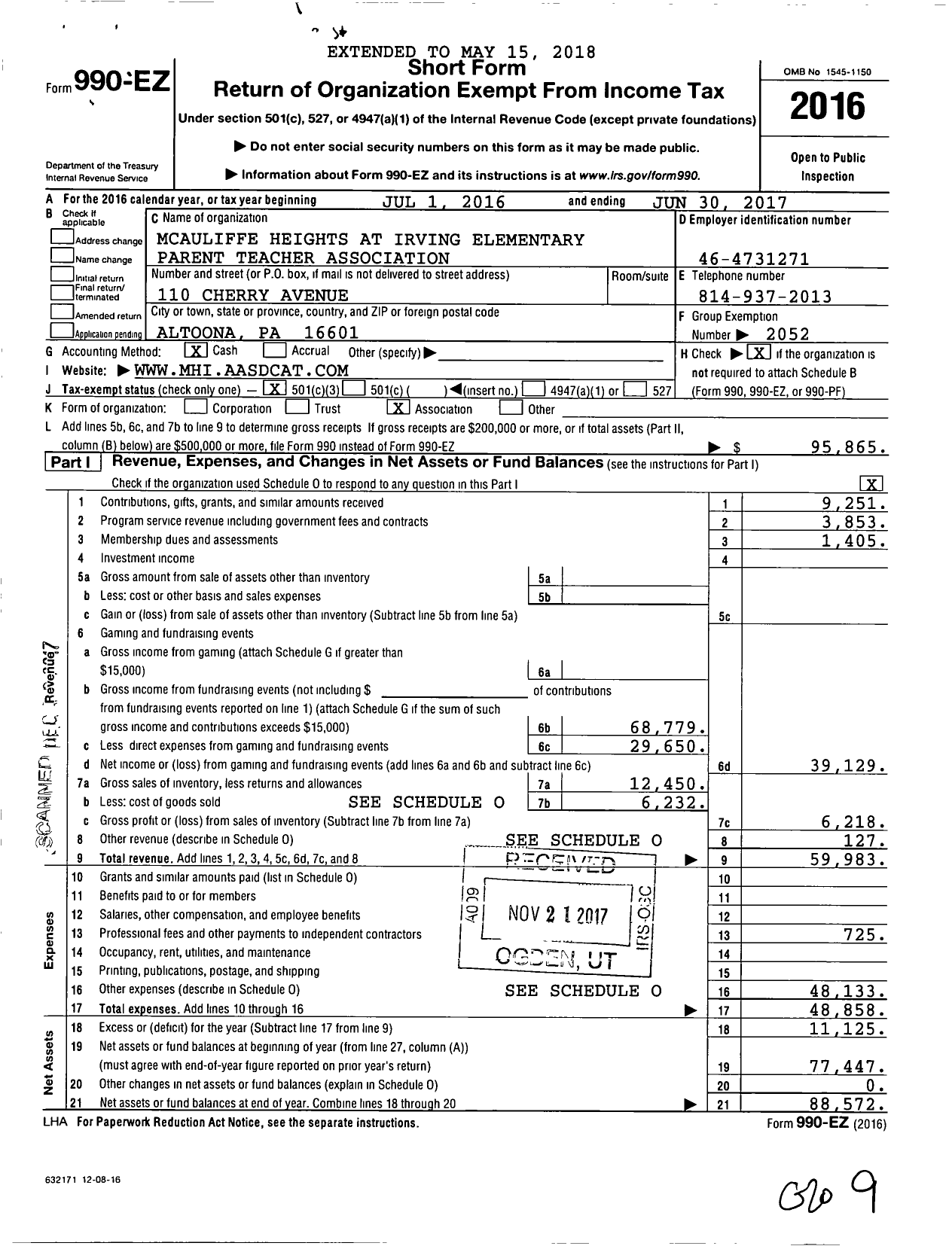 Image of first page of 2016 Form 990EZ for Mcauliffe Heights at Irving Elementary Parent Teacher Association