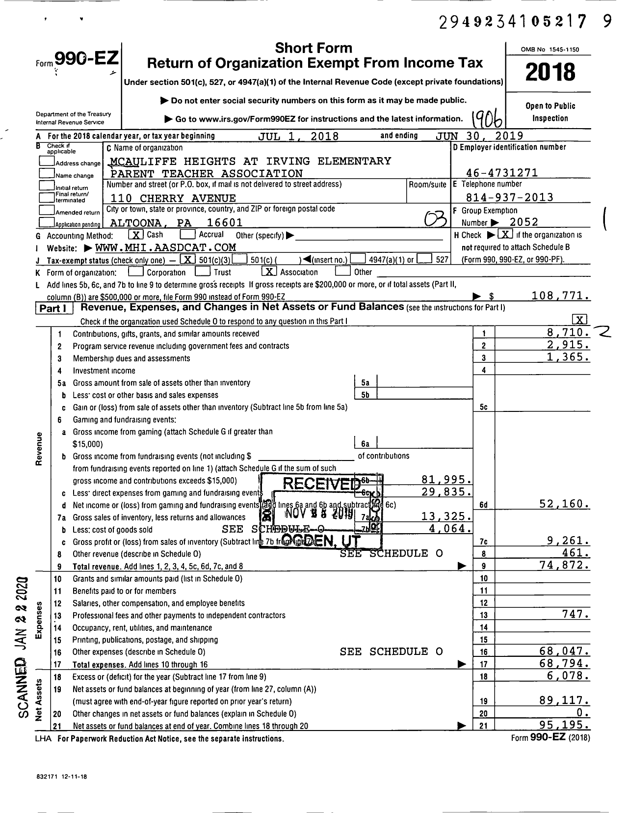 Image of first page of 2018 Form 990EZ for Mcauliffe Heights at Irving Elementary Parent Teacher Association