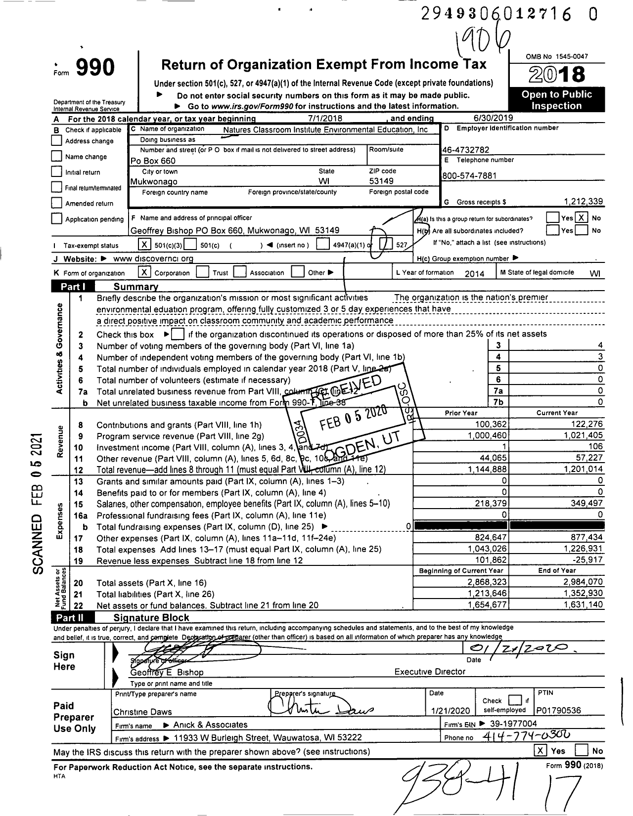 Image of first page of 2018 Form 990 for Natures Classroom Institute Environmental Education