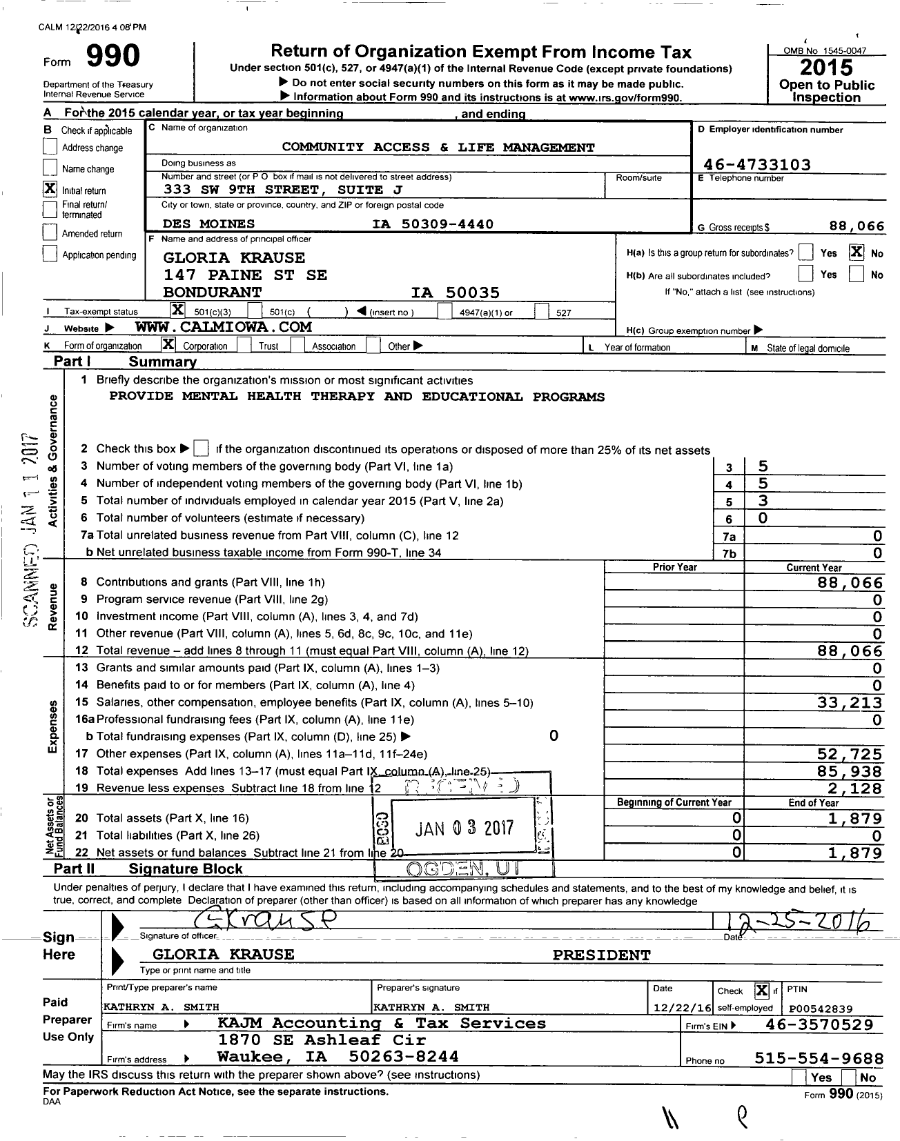 Image of first page of 2015 Form 990 for Community Access and Life Management (CALM)