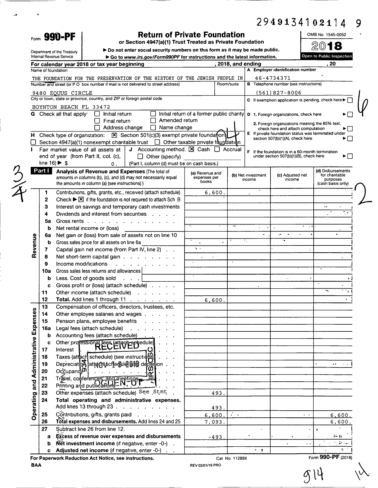 Image of first page of 2018 Form 990PF for the Foundation for the Preservation of the History of the Jewish People in