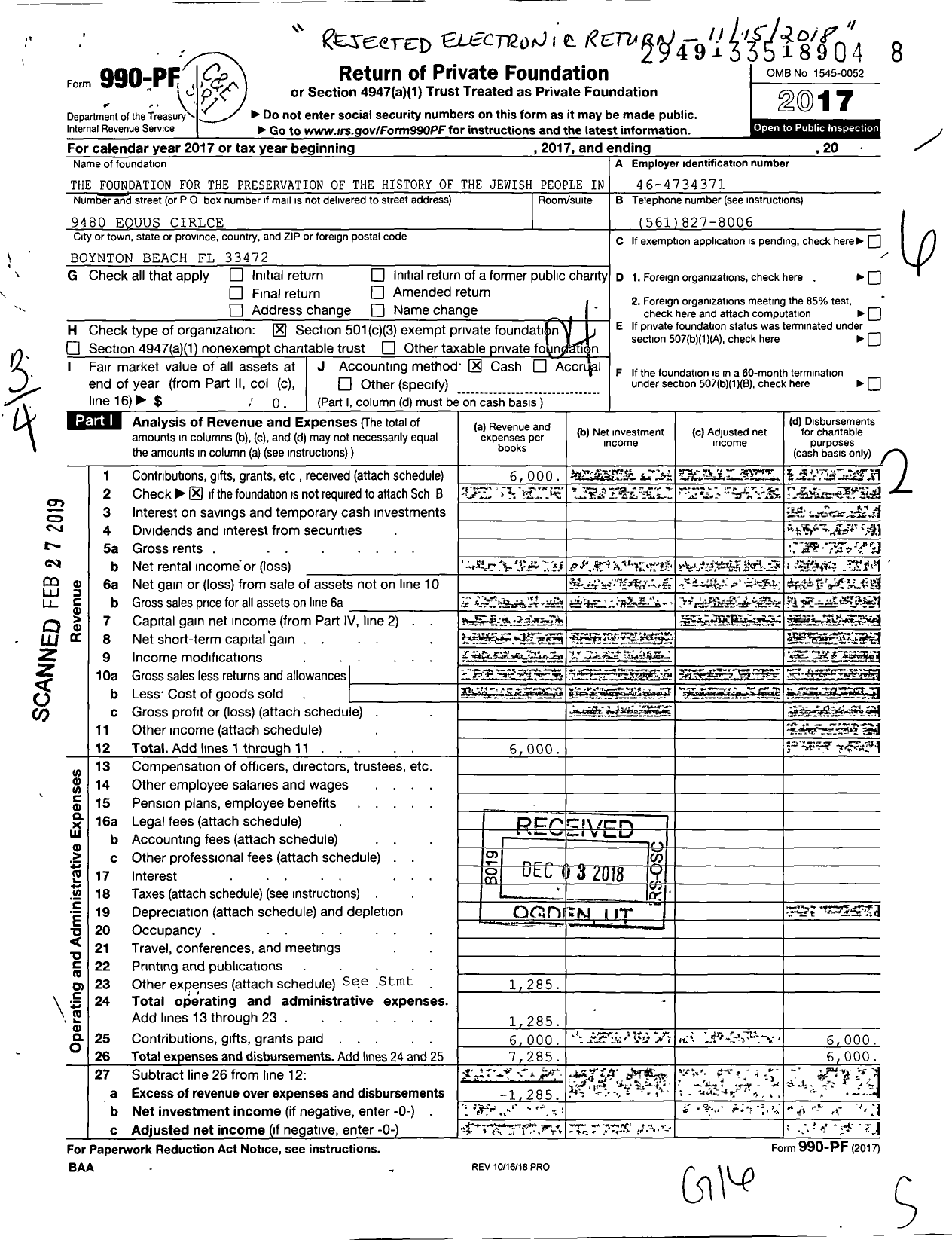 Image of first page of 2017 Form 990PF for the Foundation for the Preservation of the History of the Jewish People in