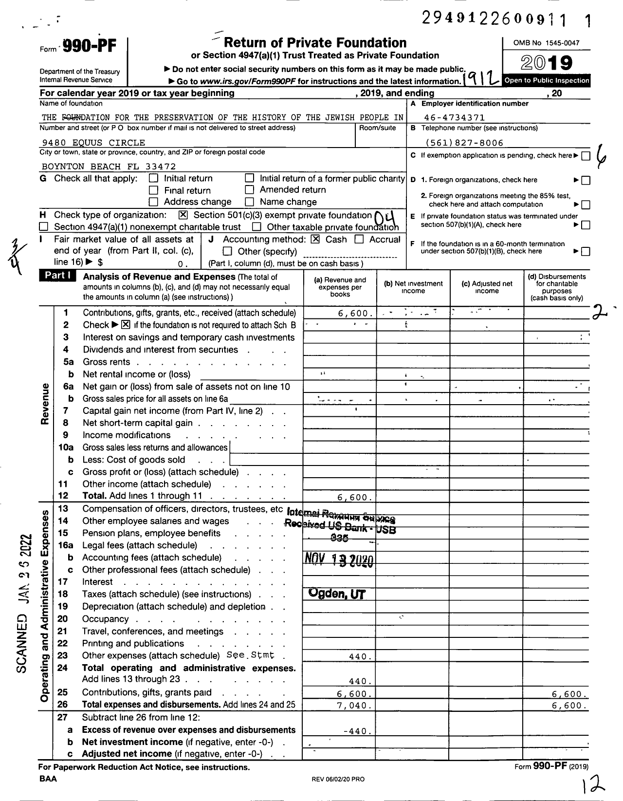 Image of first page of 2019 Form 990PF for the Foundation for the Preservation of the History of the Jewish People in