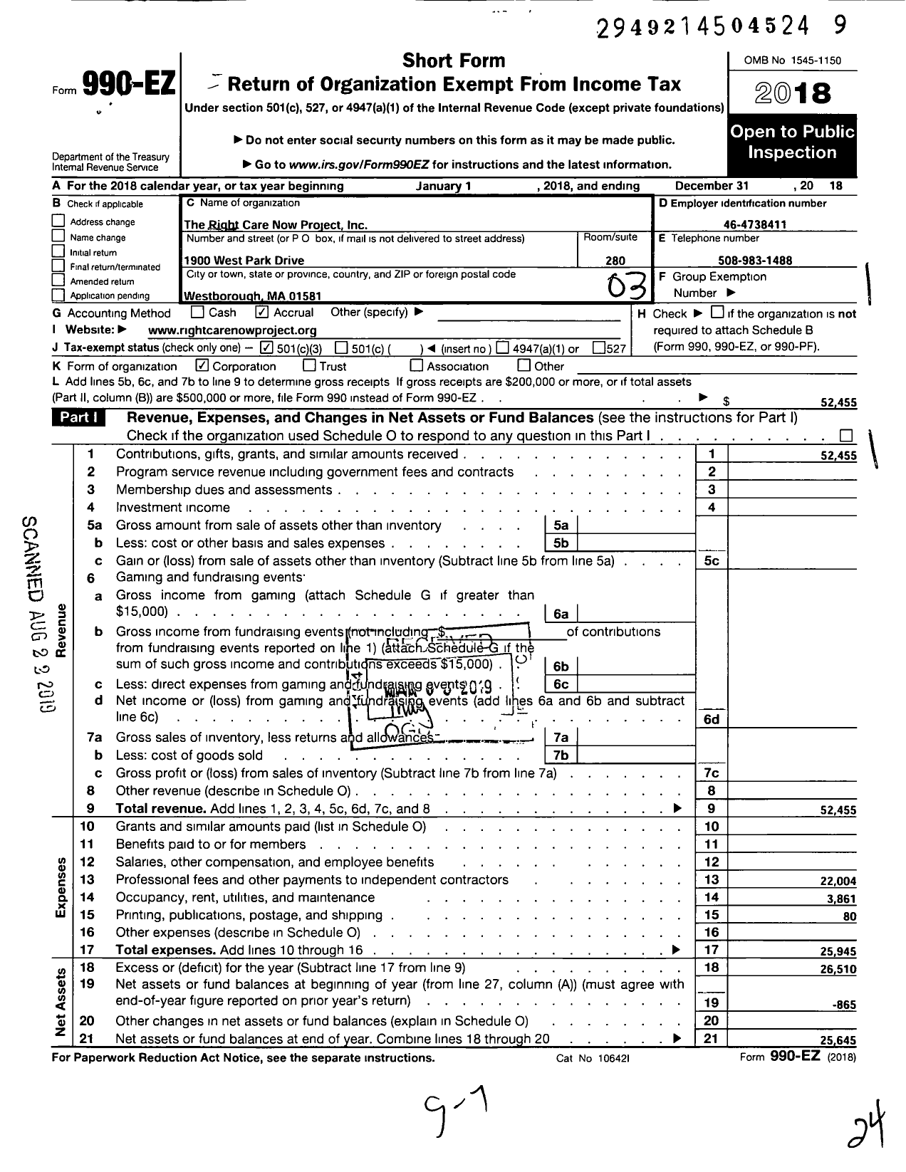 Image of first page of 2018 Form 990EZ for Right Care Now Project