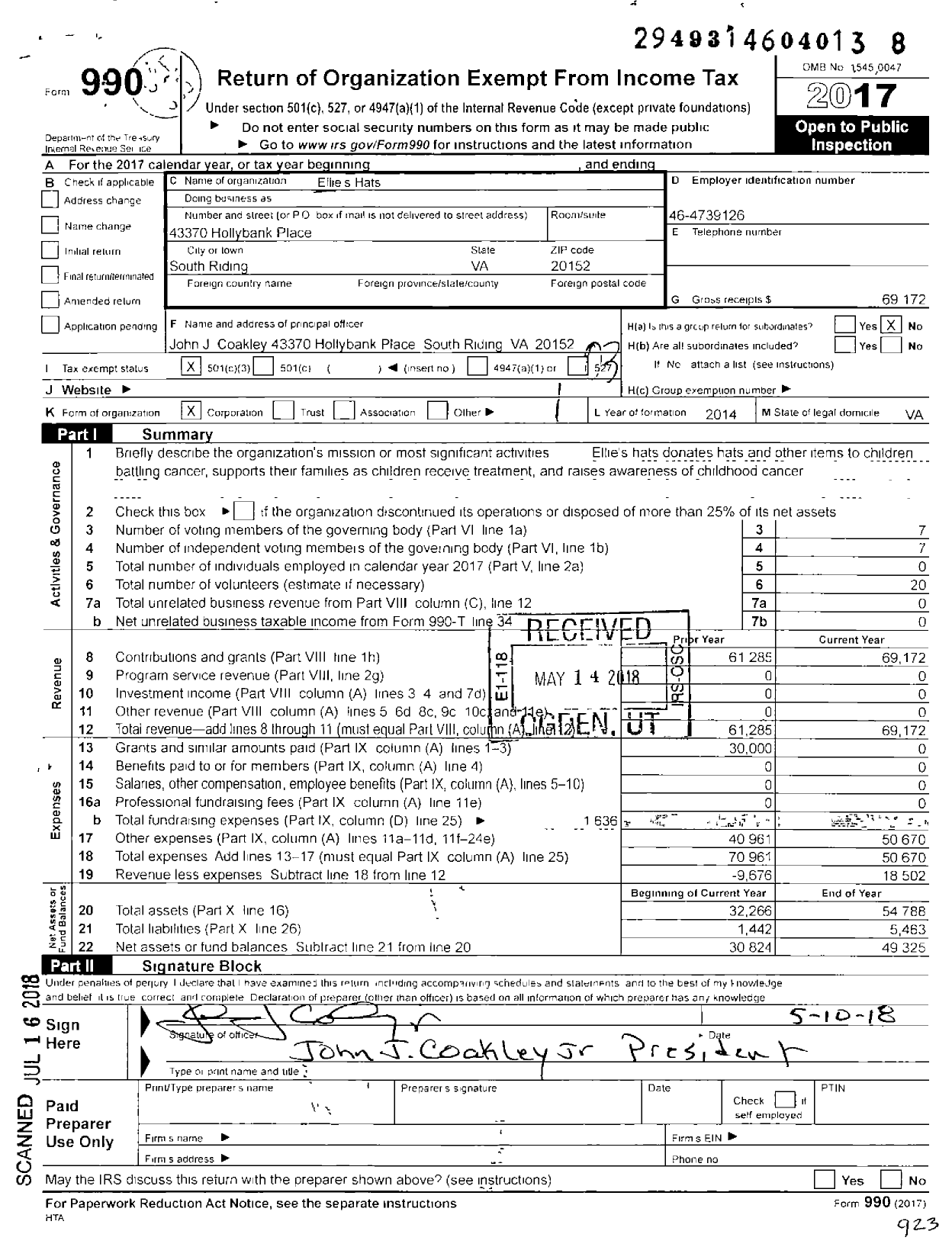 Image of first page of 2017 Form 990 for Ellie's Hats