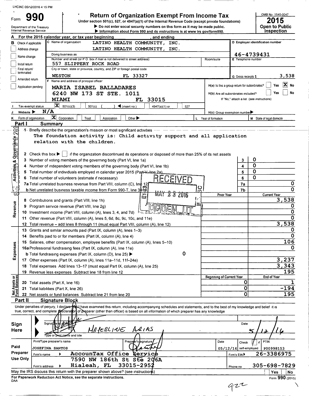 Image of first page of 2015 Form 990 for Latino Health Community