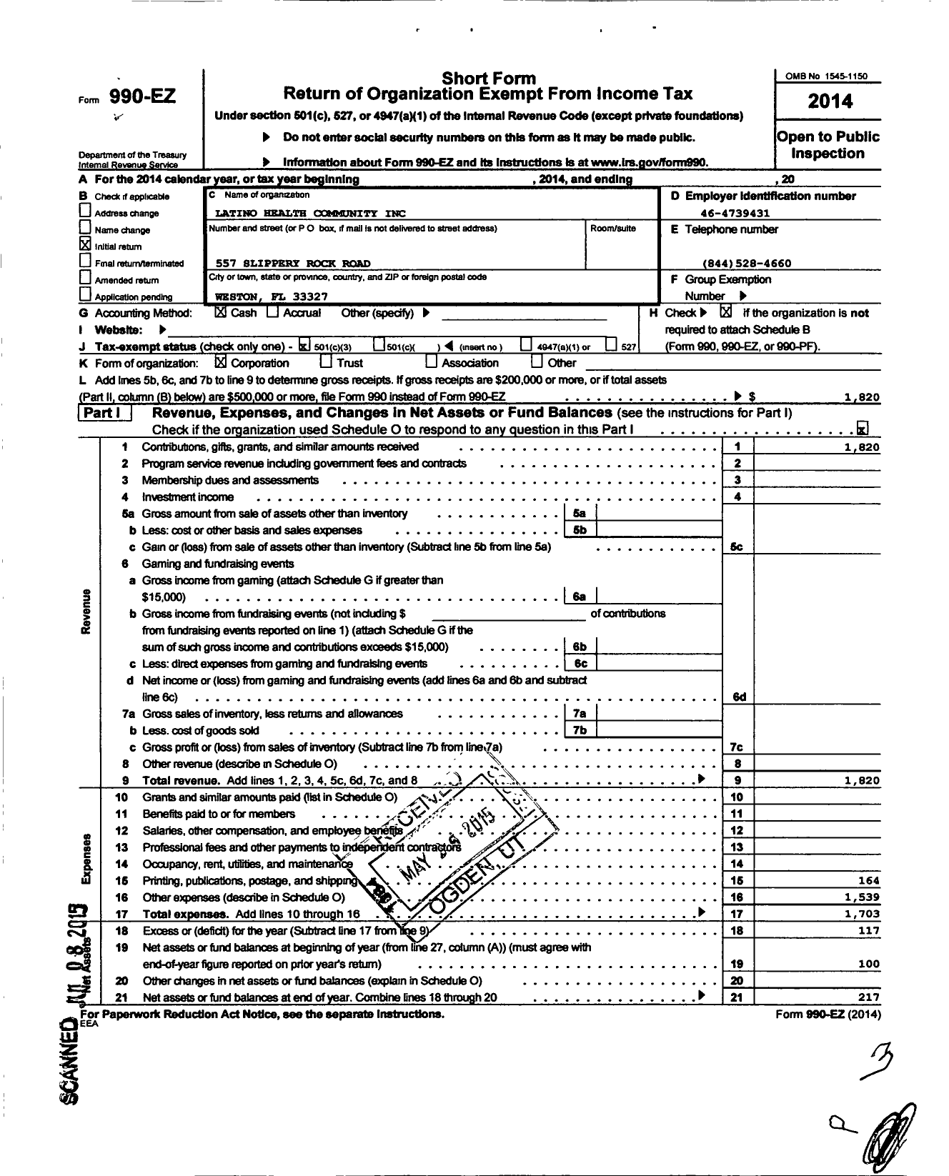 Image of first page of 2014 Form 990EZ for Latino Health Community