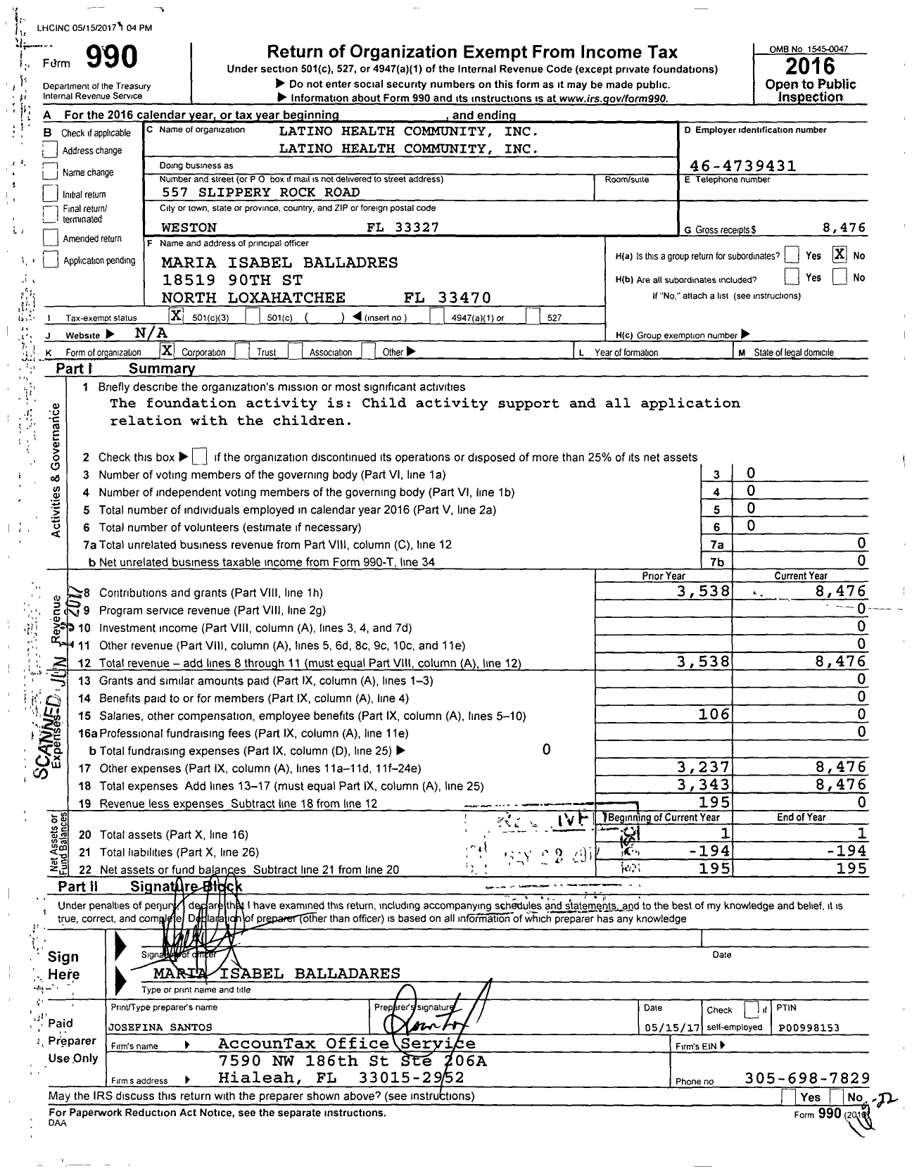 Image of first page of 2016 Form 990 for Latino Health Community