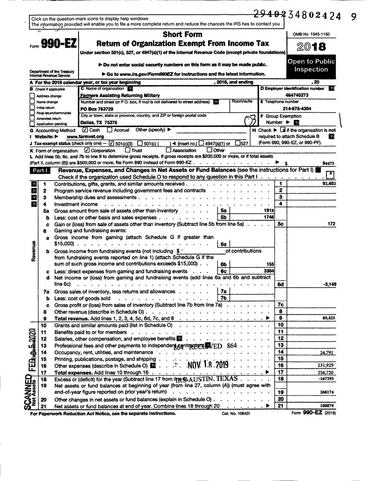 Image of first page of 2018 Form 990EZ for Farmers Assisting Returning Military Farm A Veterans Organizat