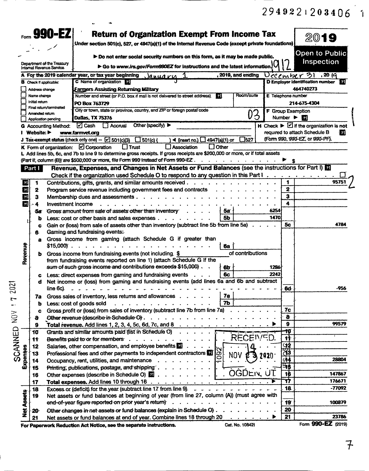 Image of first page of 2019 Form 990EZ for Farmers Assisting Returning Military Farm A Veterans Organizat