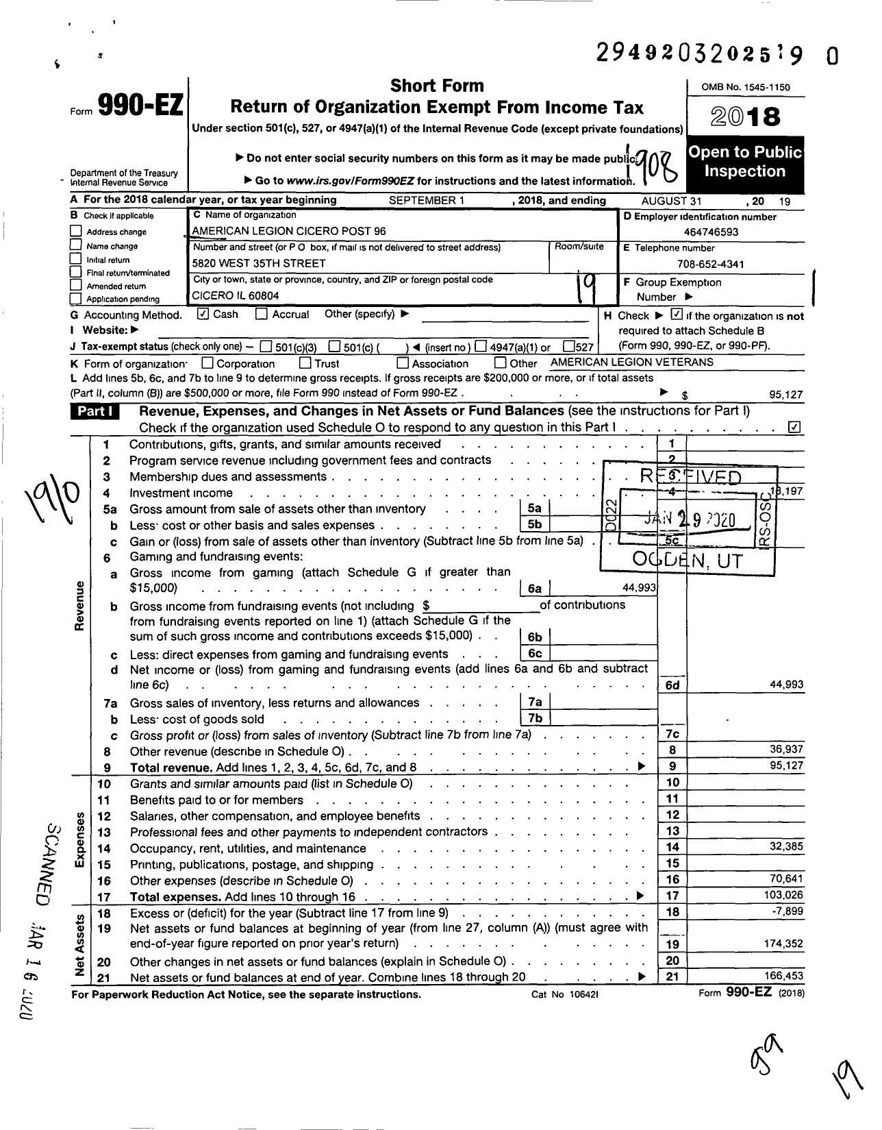 Image of first page of 2018 Form 990EO for American Legion - Cicero Post 96