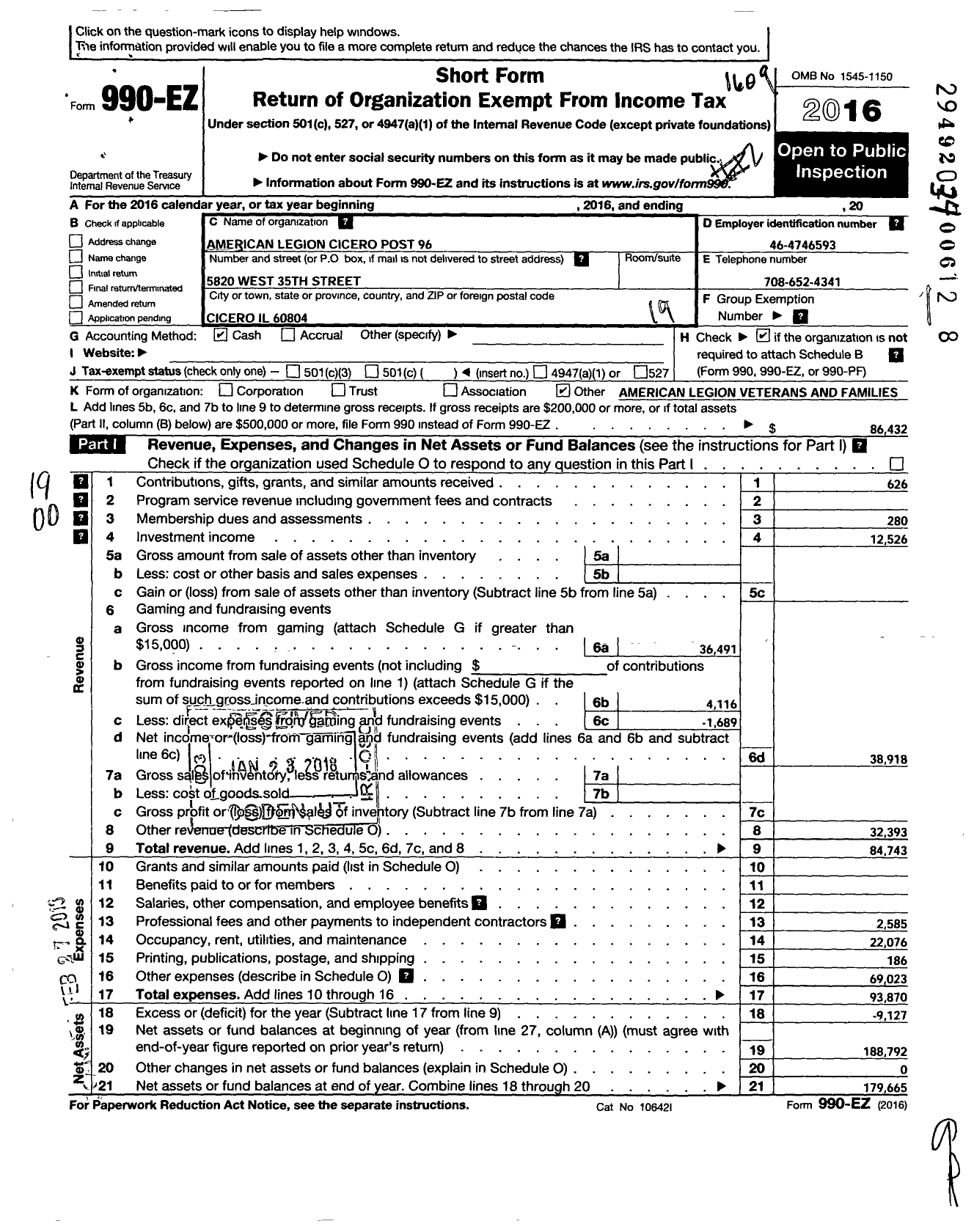 Image of first page of 2015 Form 990EO for American Legion - Cicero Post 96