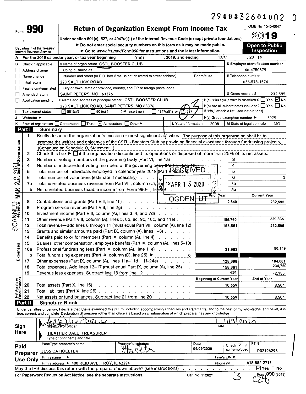 Image of first page of 2019 Form 990 for CSTL Booster Club