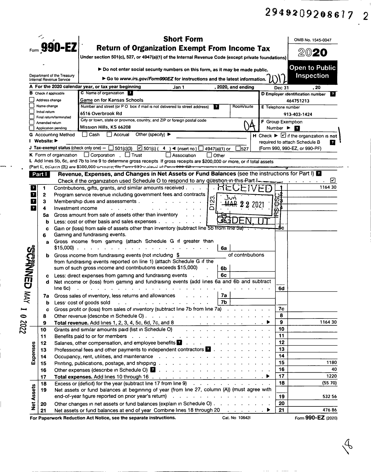 Image of first page of 2020 Form 990EO for Game On for Kansas Schools