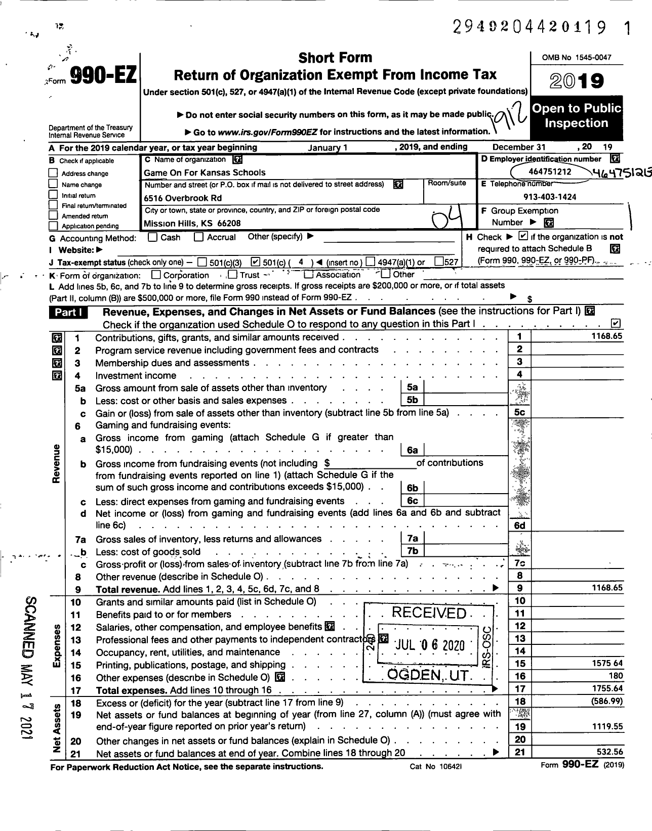 Image of first page of 2019 Form 990EO for Game On for Kansas Schools